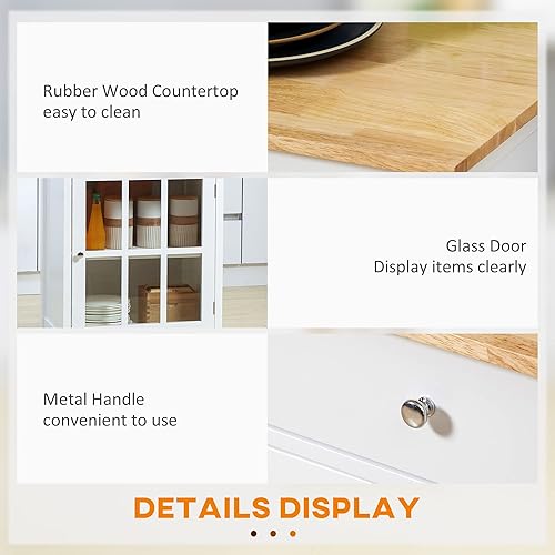 Miniatura 6 de HOMCOM Carrito de isla de cocina con ruedas de 27 pulgadas con cajón y armario de puerta de cristal, carrito de cocina con estante ajustable y