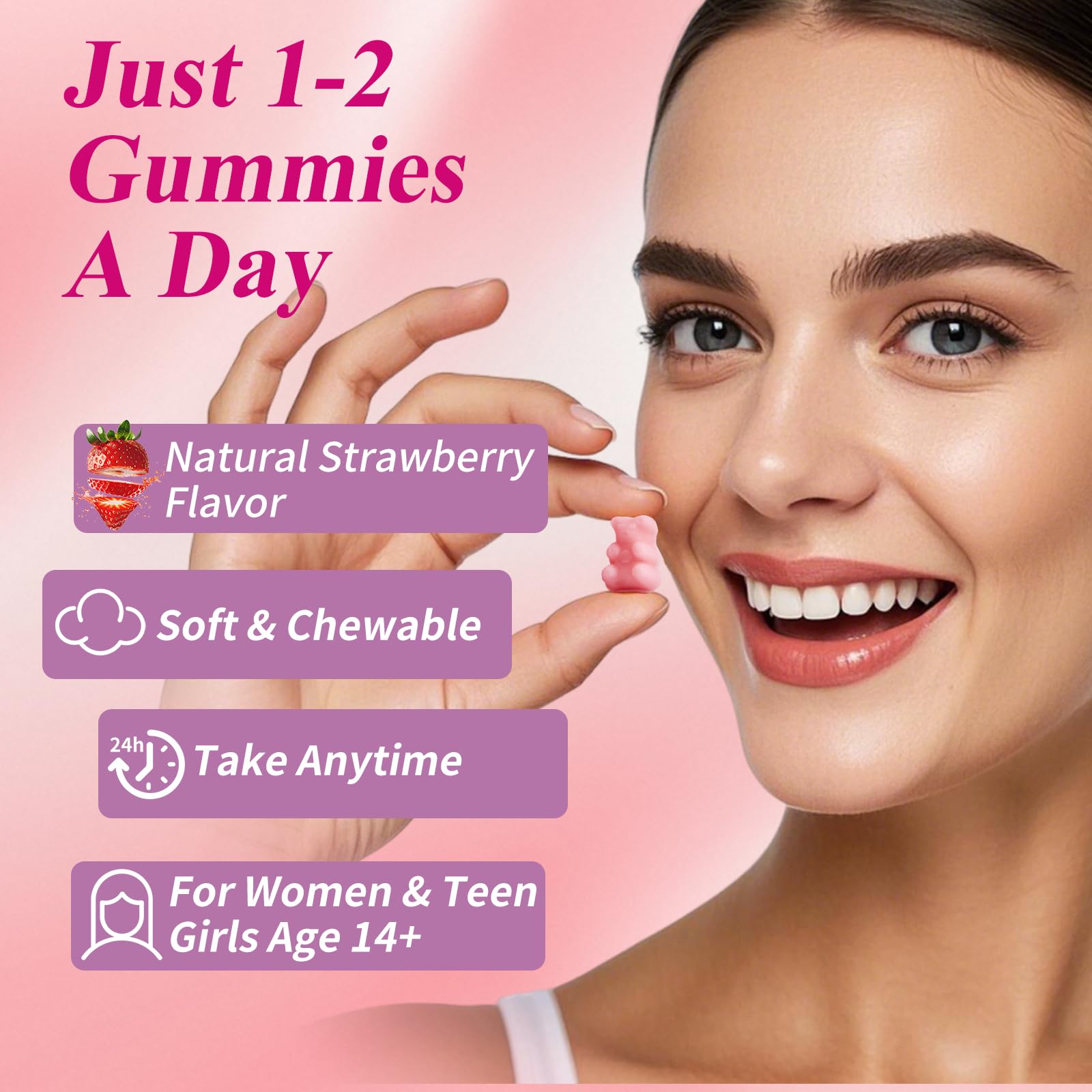 Sugar Free Multivitamin Gummies for Women 14+ with Iron, Inositol, Folate, Vitamins A C D3 E B12 K2, Herbal & Mineral Blend, Daily Vegan Gummy for Hair, Skin, Energy, Immune Support – 60 Count