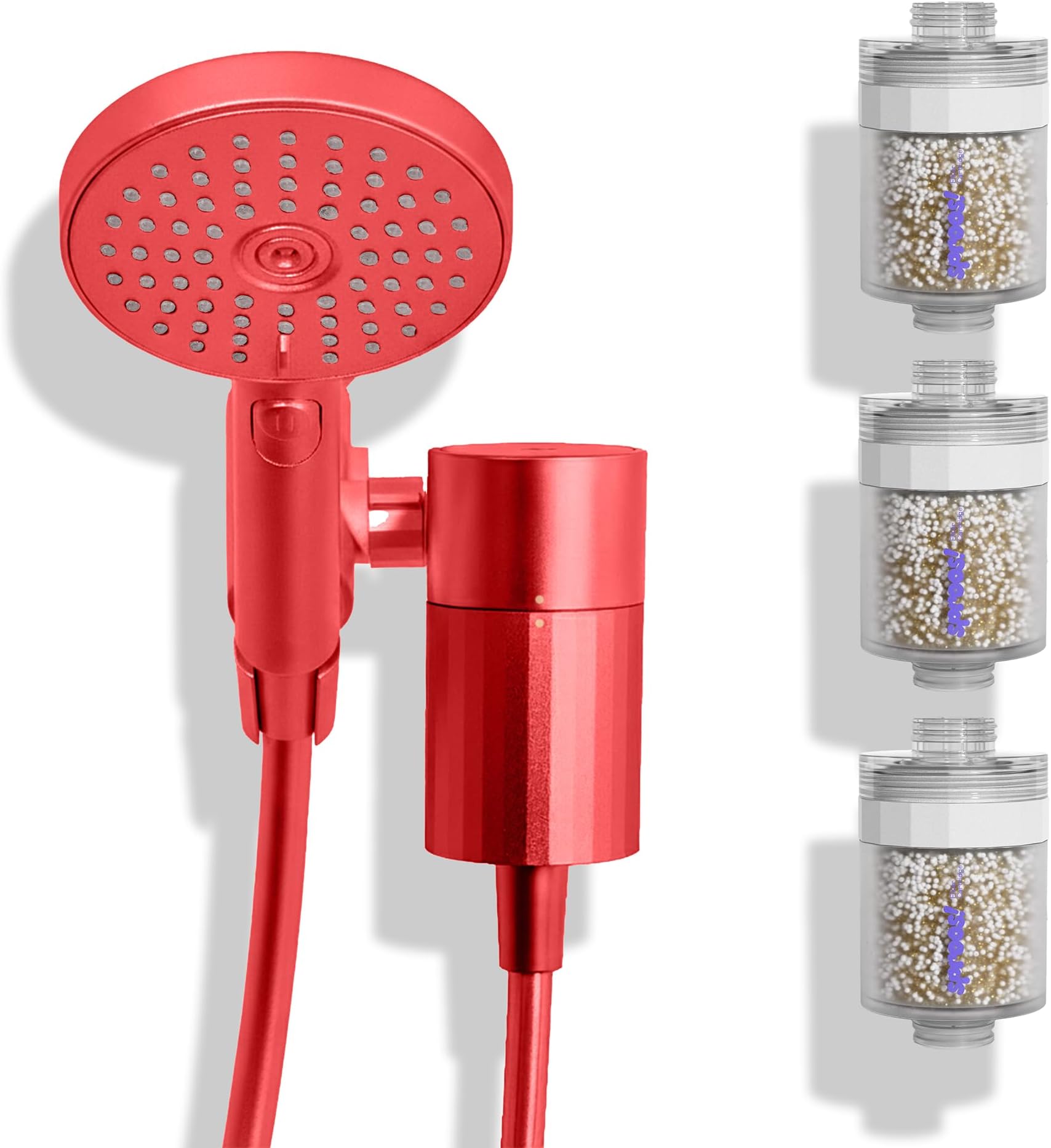 Sproos - Handheld Showerhead with Filter Set + 3 Extra Filter Cartridge, High Performance Filtration System for Healthier Hair and Skin, Red