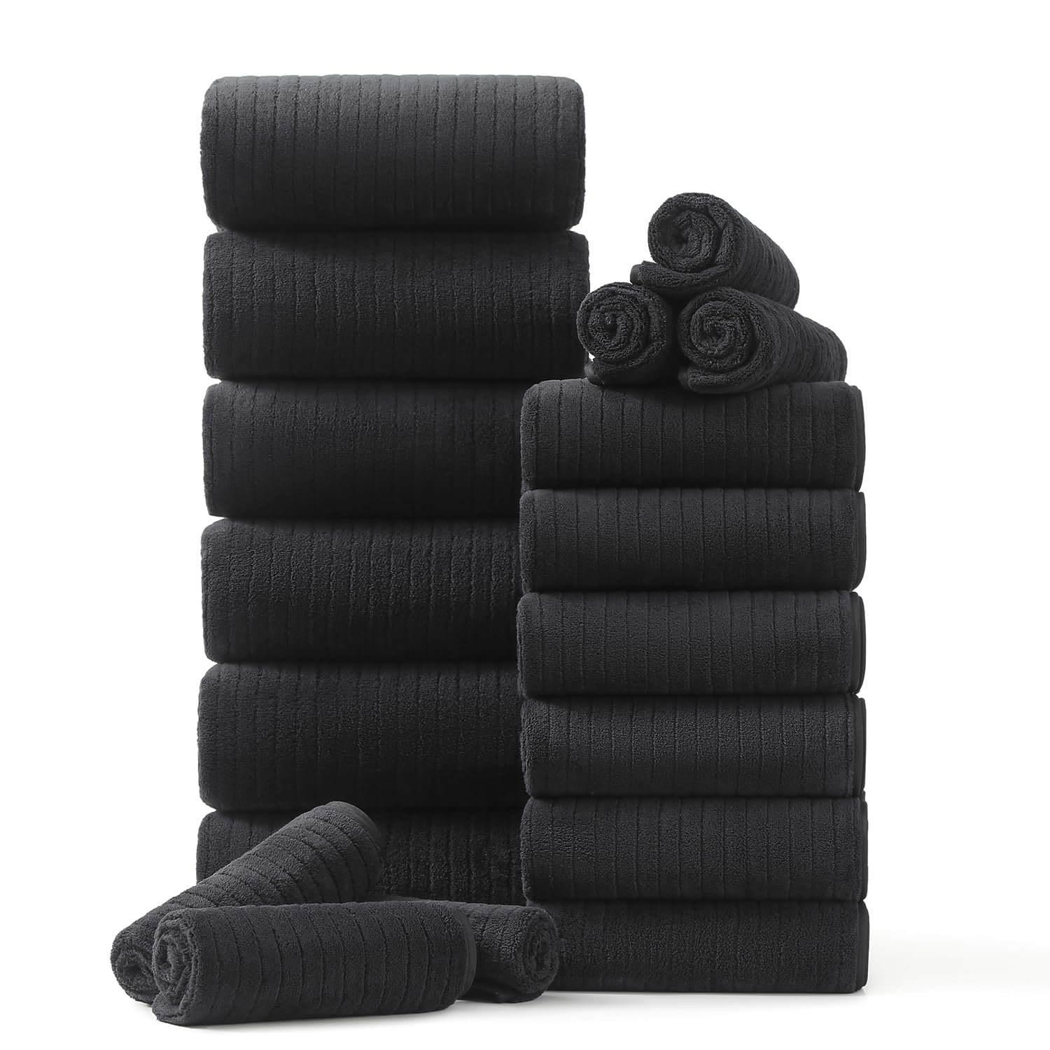 18 Piece Family Bath Towel Set Include 6 Bath Towels,6 Hand Towels and 6 Washcloths Soft Bathroom Towel with Hanging Loops,Highly Absorbent Quick Dry Towels Set for Bathroom,Hotel and Spa-Black