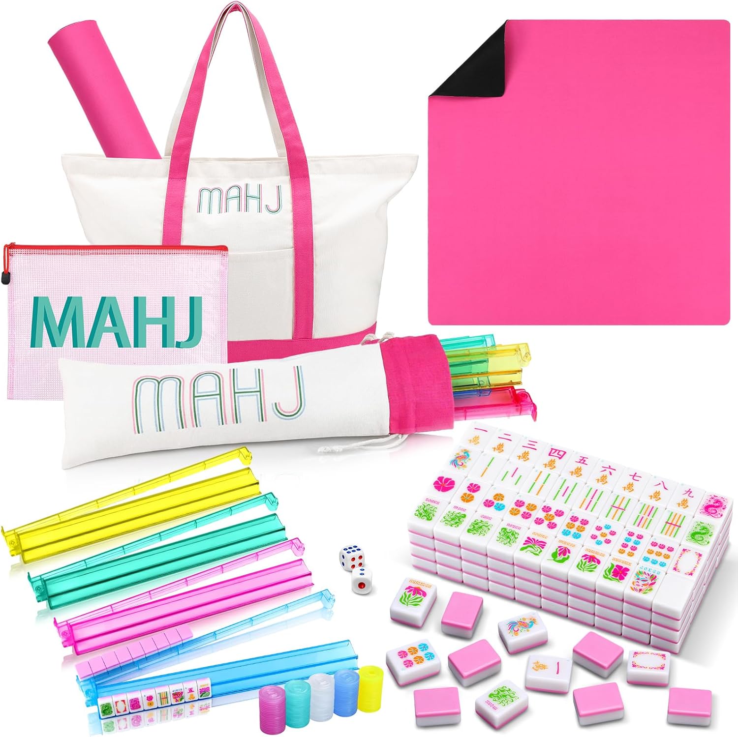 Ceenna American Mahjong Set with Carrying Bag Pink 160 Tiles 4 All-in-one Color Rack Pushers Game Table Mat Plastic Mahjong Coins Complete Ma Jong Game Set
