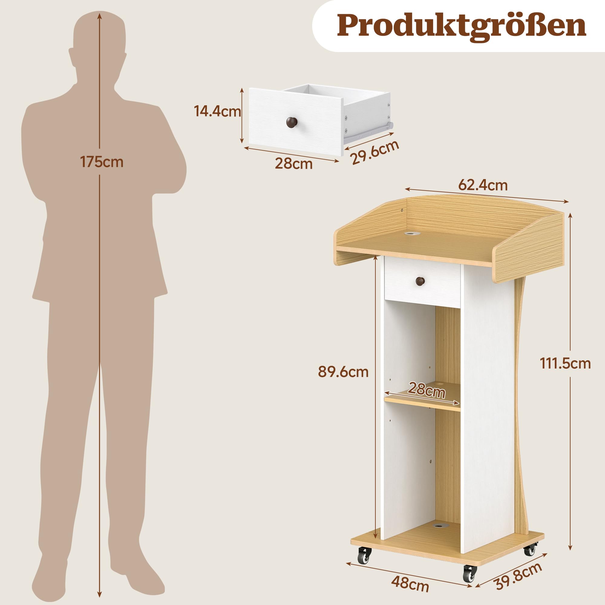 Stehpult mit Rollen und Schublade, Holz Podium für Schulen Kirche, Mobiler Rednerpult für Präsentationen