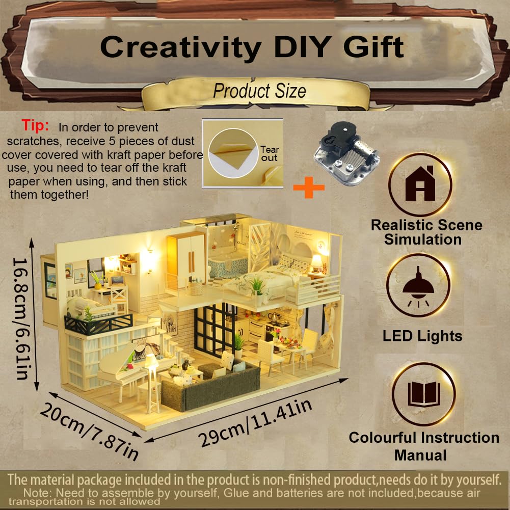Kit fai da te in miniatura per casa delle bambole a 2 piani, modello moderno in legno con luci a LED, kit di costruzione fai da te, regalo creativo per hobby per adulti e ragazzi