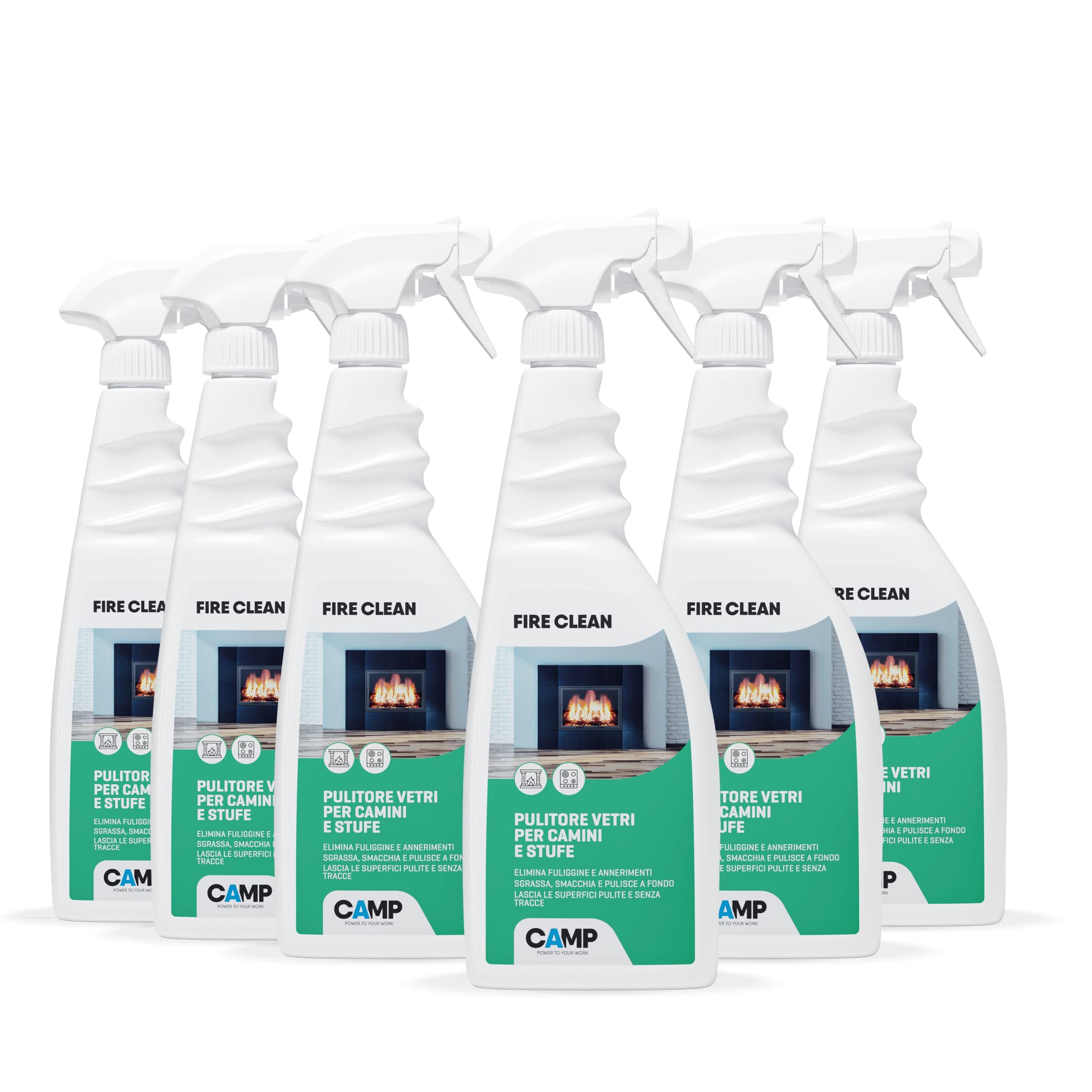 CAMP FIRE CLEAN, Pulitore concentrato per vetroceramica, termocamini, camini e stufe, pack 6x750ml