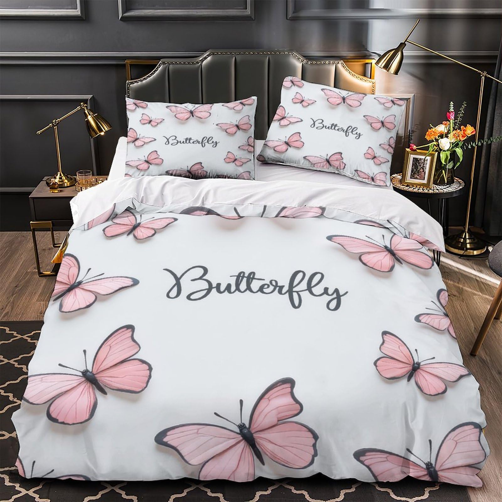 Housse de couette papillons roses hypoallergénique en microfibre douce