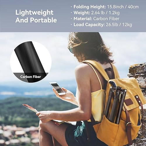 Miniatura 2 de SmallRig AP-20 Trípode de fibra de carbono, monopie de trípode de cámara de 62.2 pulgadas con columna central, trípodes ligeros y compactos con