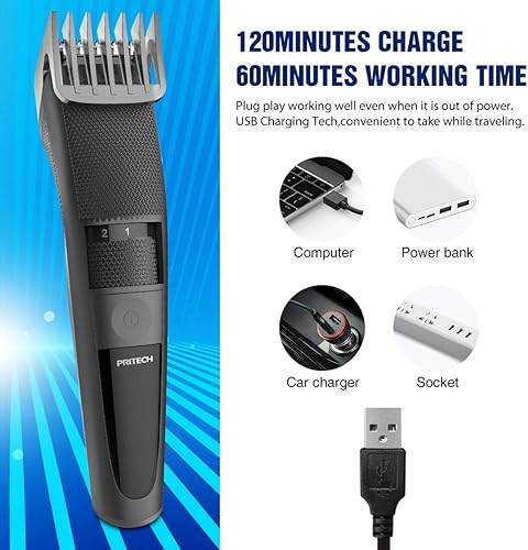 Miniatura 2 de PRITECH Cortadora de pelo eléctrica inalámbrica para hombres, cortadora de pelo profesional con accesorio de peine y 20 ajustes ajustables, lavable