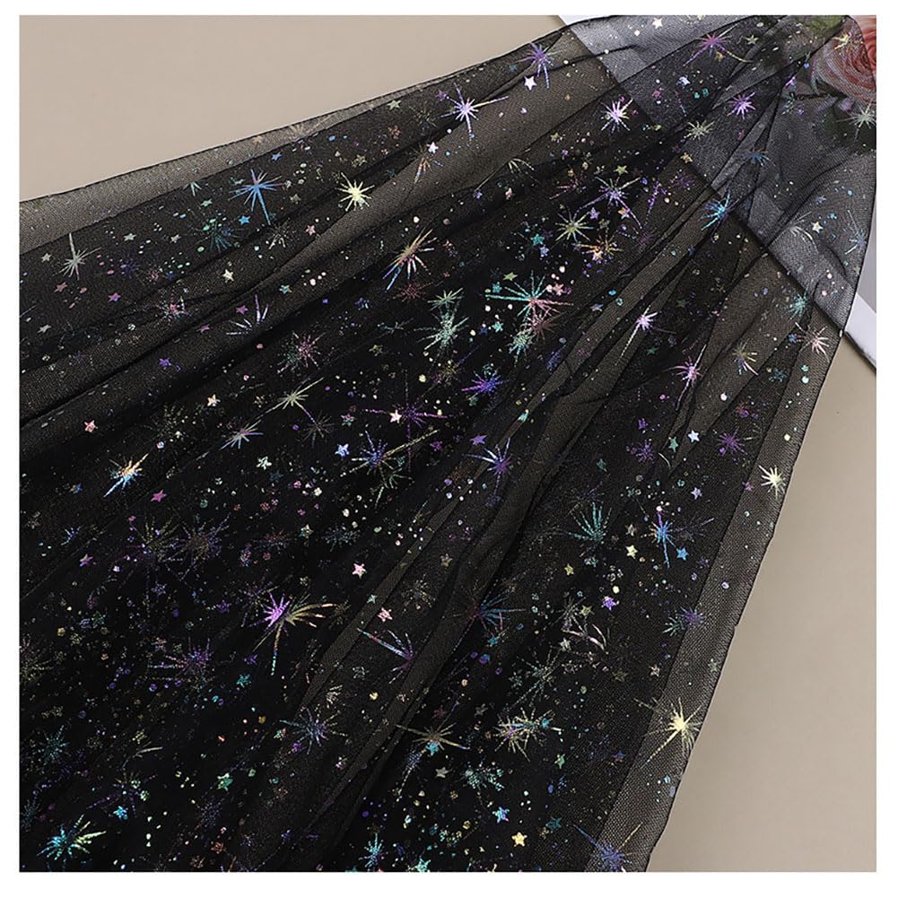 Tüllstoff Meterware mit Glitzernde Stern 2000×150cm Tüll Dekoband Weich Garn Tuch Tüll Deko Stoffe Hochzeit Tüllband Organza Stoffe zum Nähen für DIY Bekleidung Tutu Rock Schwarz 20 Meter