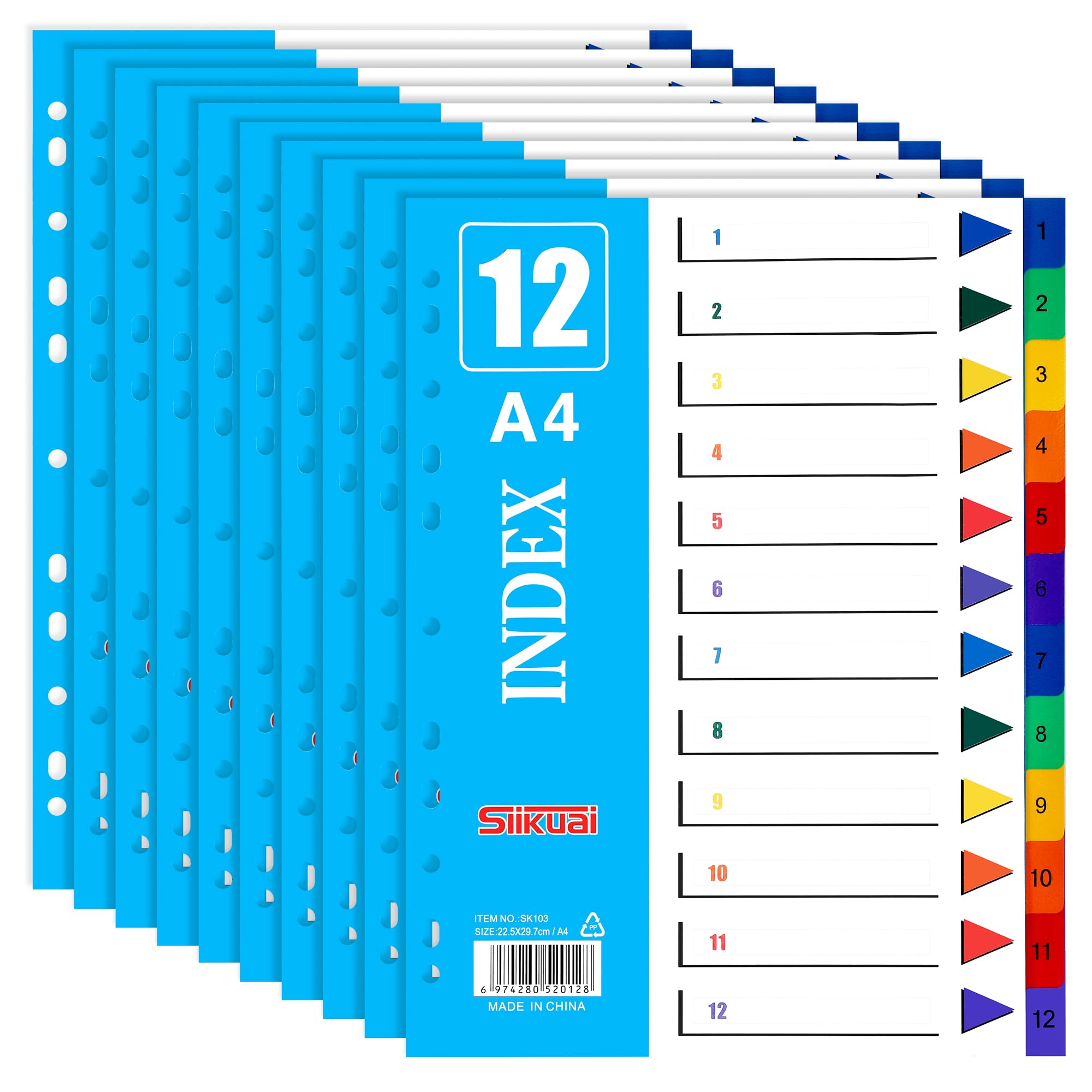 JIANTA [Lot de 10] Intercalaires pour classeurs A4, 12 pièces, Intercalaires A4 avec 12 onglets, Intercalaires classeurs ouleur en PP solide pour classeurs à levier, classeurs, reliure
