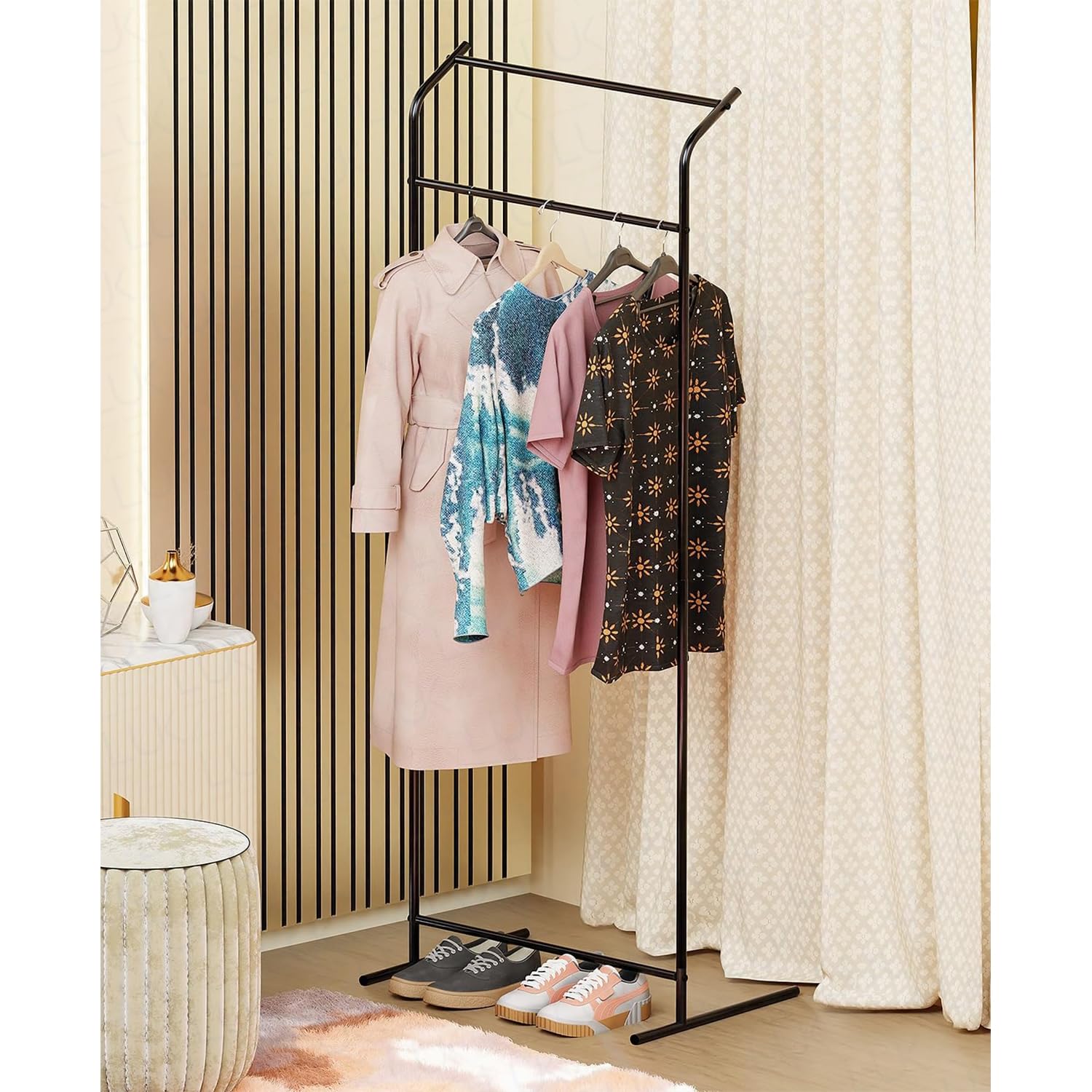 Lukzer Multi-Functional Metal Double Pole Garment Rack Closet Storage Organizer Coat, Cloth Stand Display Shelf for Showrooms, Mall, Living Room, Entryway (Curve Design/160x63x43.5cm/Black)