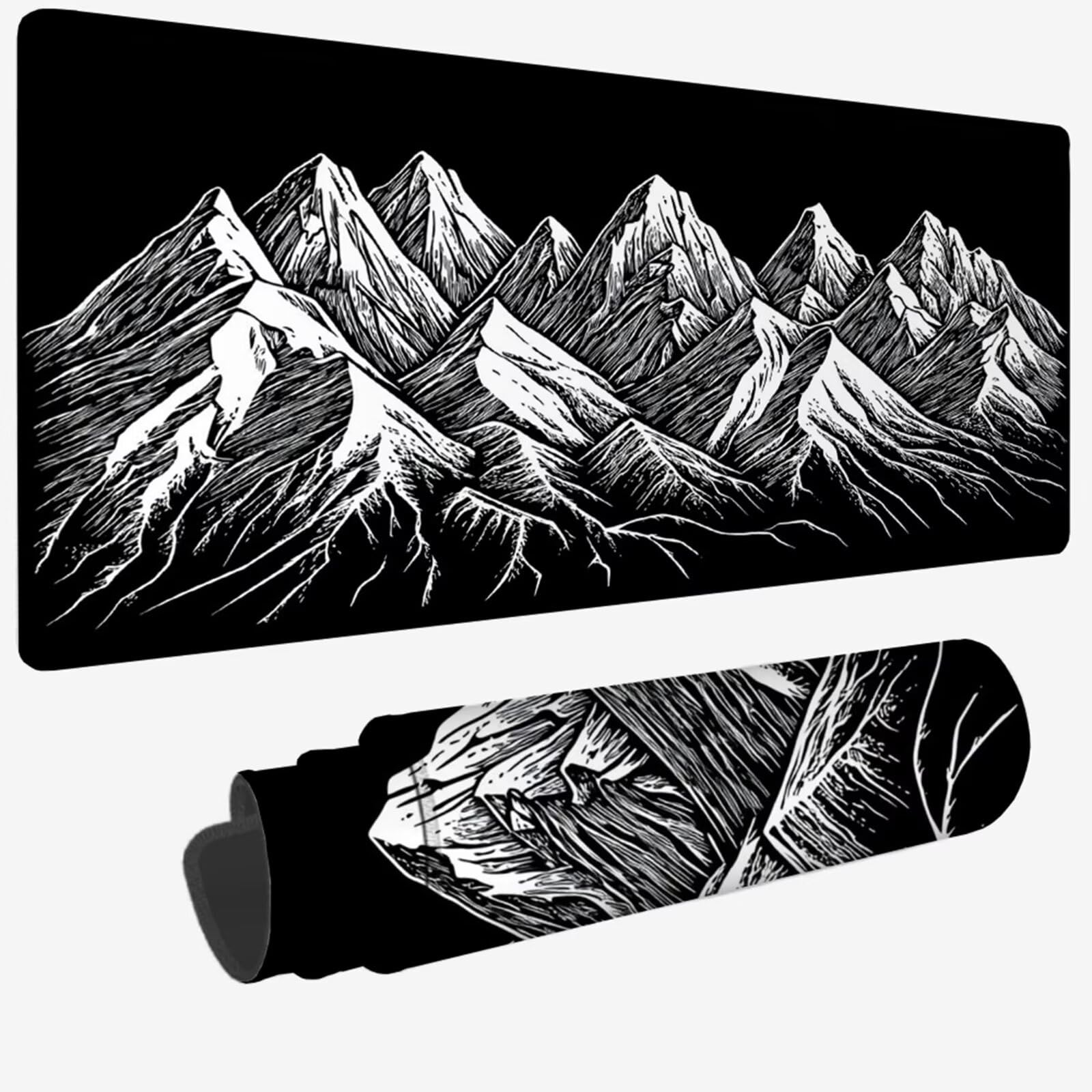 Podkładka pod mysz XXL 1200 x 600 x 3 MM, czarno-biała duża podkładka pod mysz z wodoodporną i antypoślizgową śnieżną górą pod ręką zszyte krawędzie, poprawia precyzję i szybkość W-116