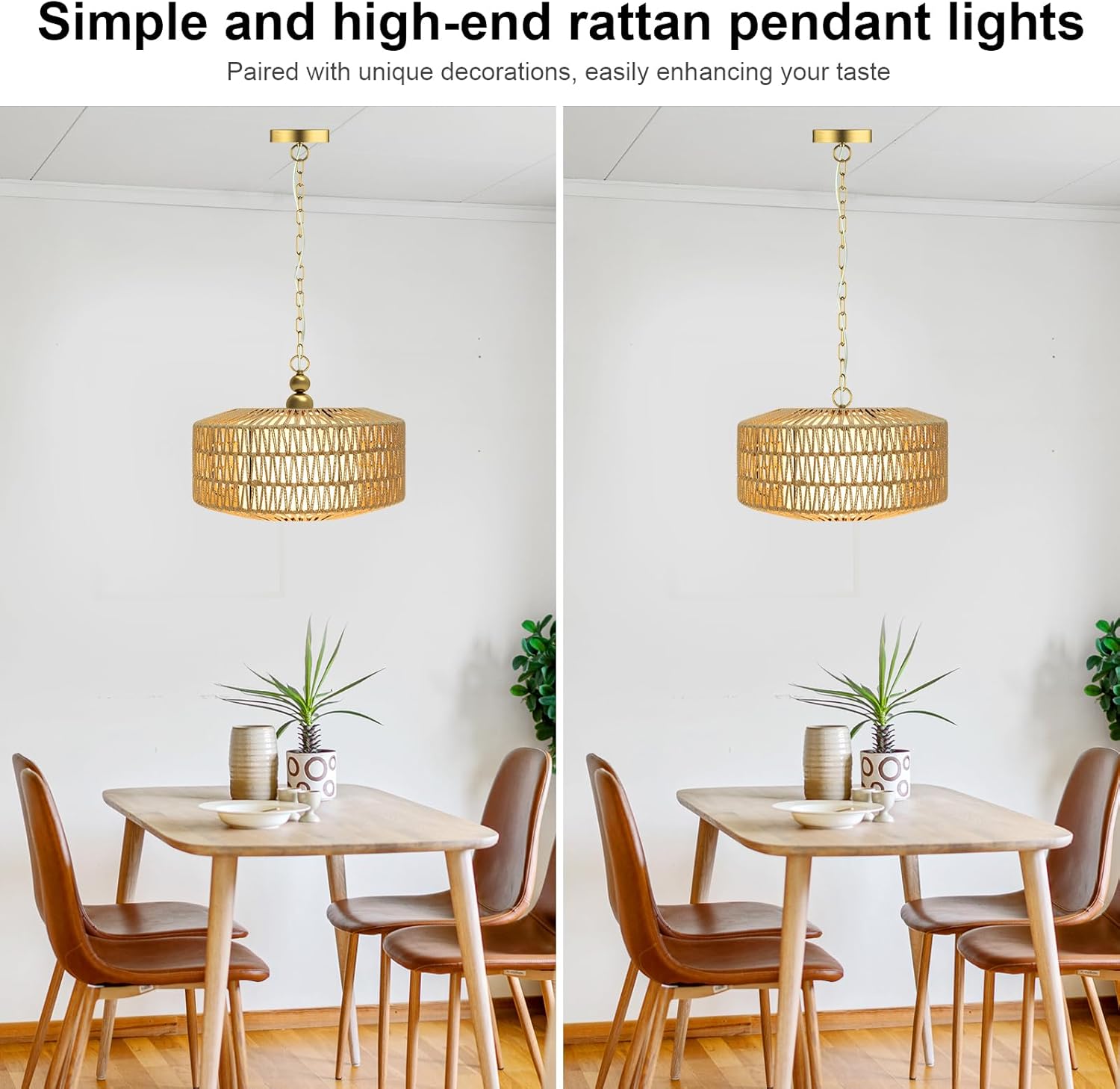 Rattan Chandelier, 3-Lights Boho Large Pendant Light, Hand Woven Basket Pendant Chandeliers for Dining Room Living Room Kitchen Island Bedroom Foyer, Height Adjustable (Gold)