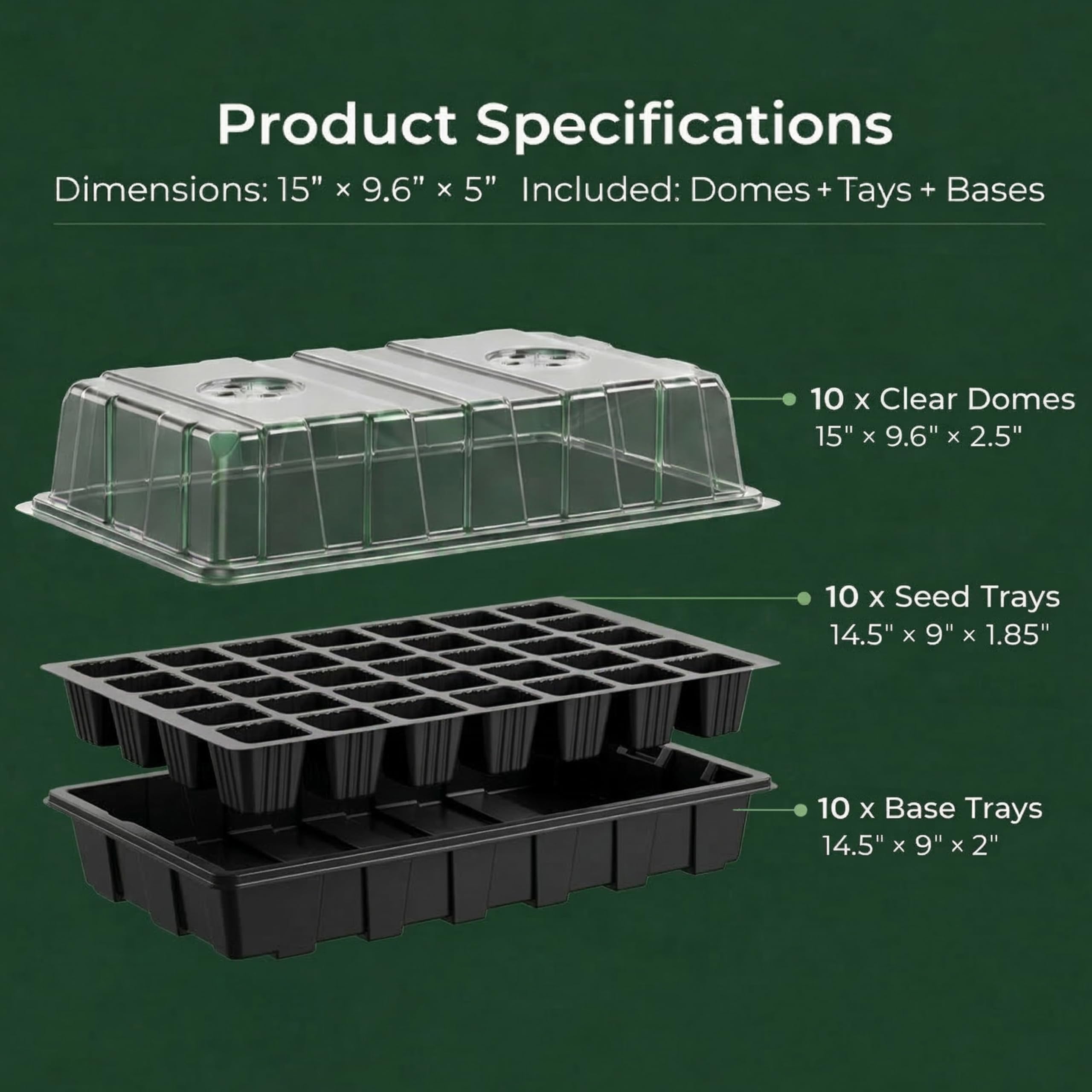 Gardzen Set di 10 propagatori da giardino, vassoi per sementi a 400 celle con cupola e base, 38,1 x 22,9 cm (40 celle per vassoio), nero, interno, rettangolare