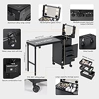 Vista 3 de Mesa de manicura portátil rodante con 3 cajones, estuche de maquillaje con cerradura con espejo y organizador de esmalte de uñas, escritorio de uñas