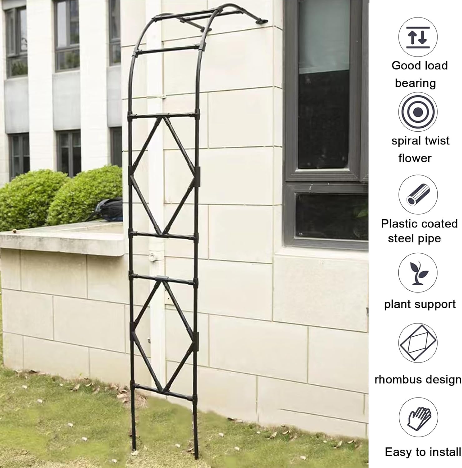 Łuk ogrodowy do roślin pnących, metalowy wspornik łuku na patio na zewnątrz, kratka winorośli, trwała, stalowa altanka na trawnik i podwórko, 150 x 240 cm