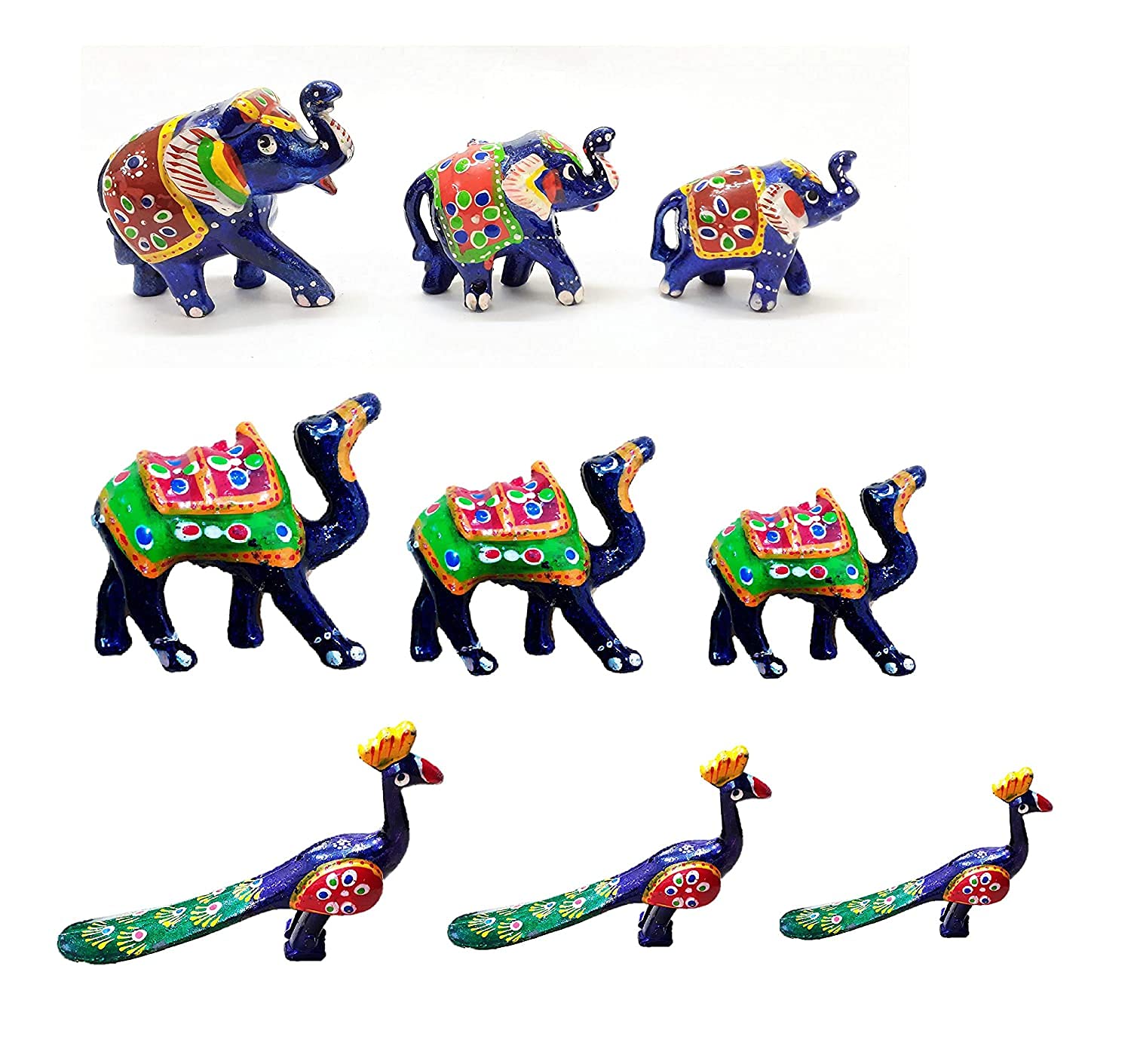 kaka jiji handicraft Camel Elephant Peacock showpiece showpiece Set of 3 Decorative Items for Home Decor Statue Wooden (Elephant Camel Peacock)