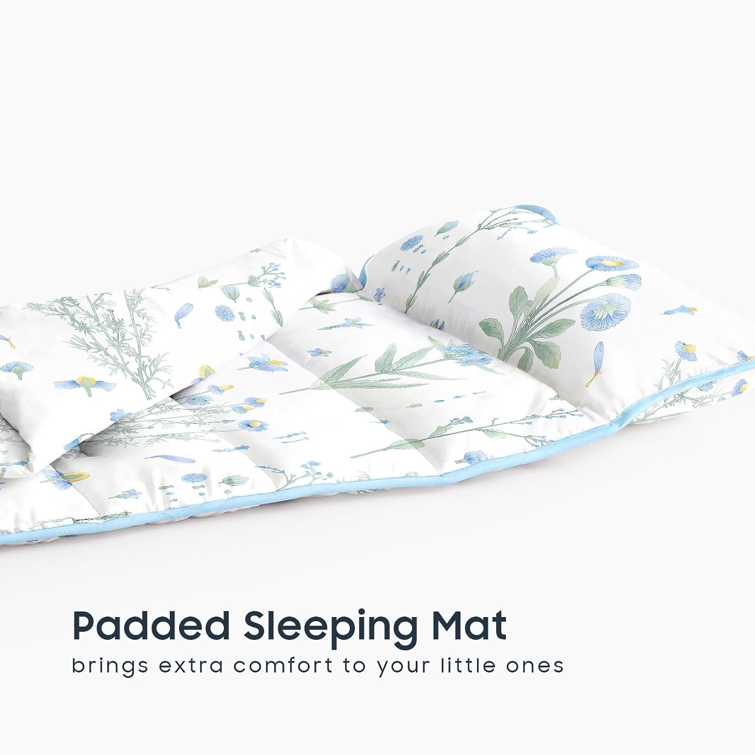 Wake In Cloud - Toddler Nap Mat with Pillow and Blanket, 100% Cotton Fabric, for Kids Girls Ages 3 Plus in Daycare Kindergarten Preschool, Sleeping Bag, Botanical Flowers