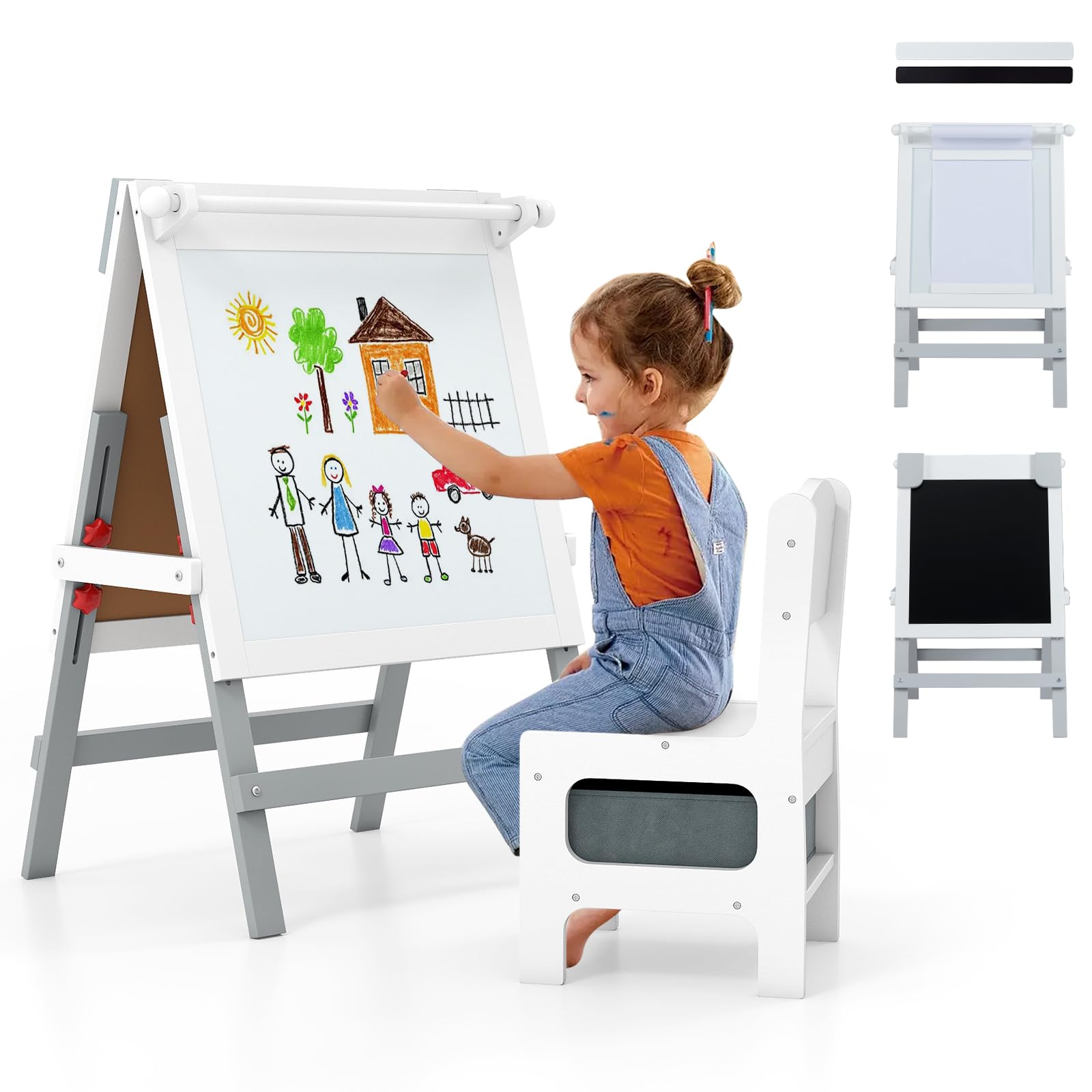 COSTWAY Kinder Staffelei mit Stuhl, höhenverstellbare Kindertafel mit Kreidetafel & Whiteboard, Doppelseitige Spiel-Tafel mit Magnetleisten & Stoff-Aufbewahrungskorb, für Kinder ab 3 Jahren (Grau)