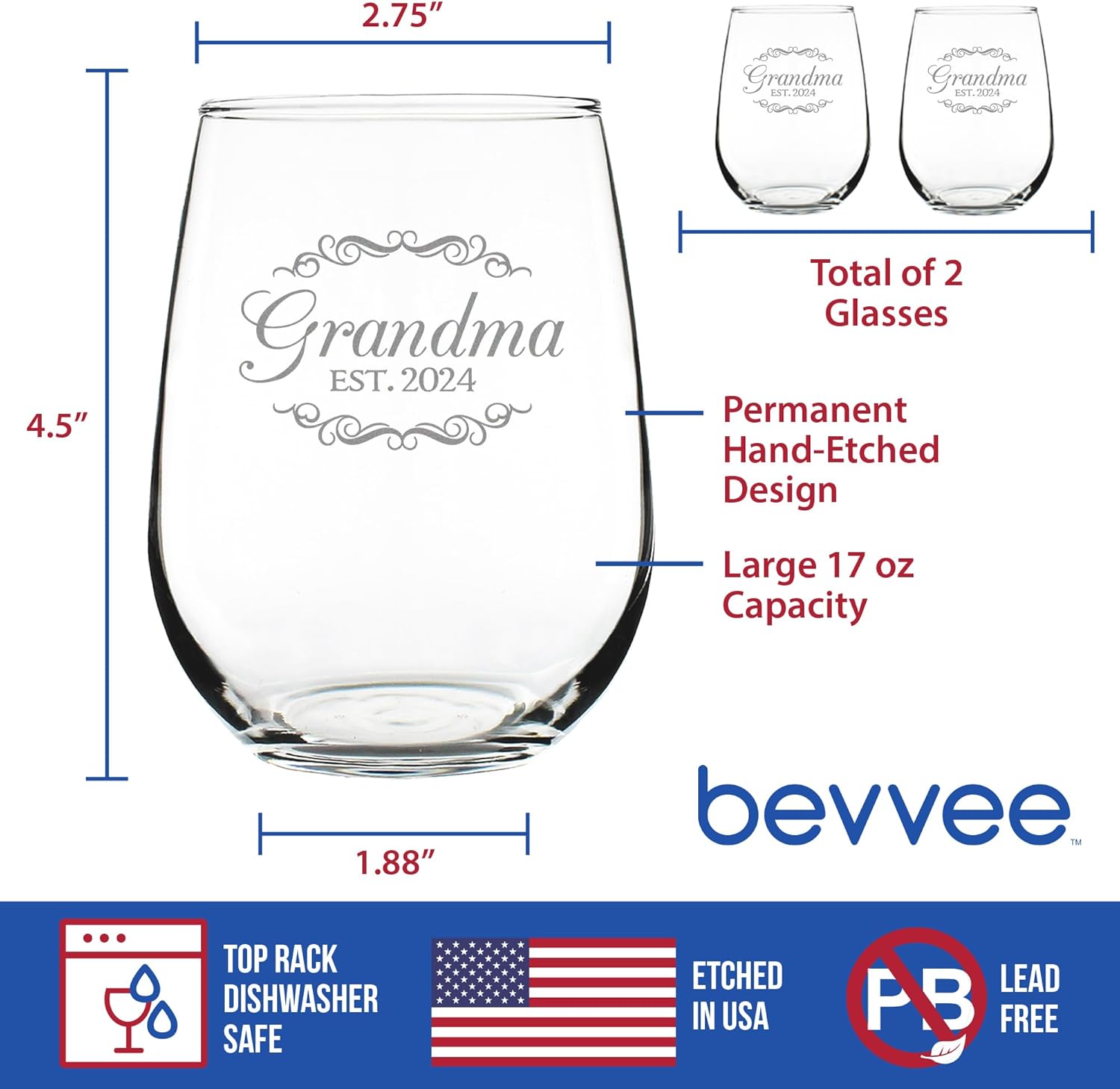 Bevvee Grandma Est 2024 - New Grandmother Stemless Wine Glass Gift for First Time Grandparents - Set of 2 - Decorative 17 Oz Large Glasses