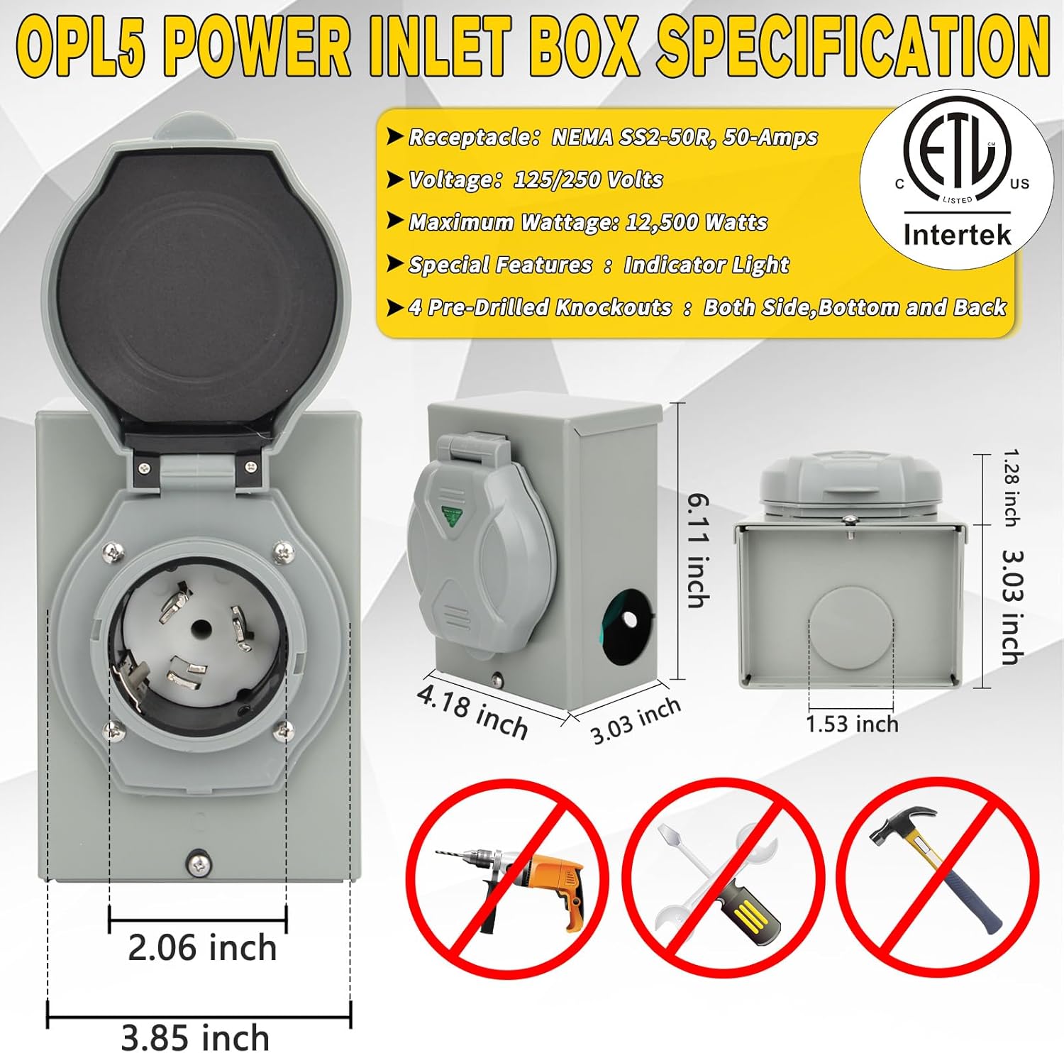 50 Amp Generator Cord 10FT and Power Inlet Box (Pre-Drilled),50 Amp, 125/250 Volts, NEMA 14-50P to SS2-50R Generator Cord Waterproof Combo Kit, ETL Listed, Wire Gauge: STW 6/3 + 8/1 AWG
