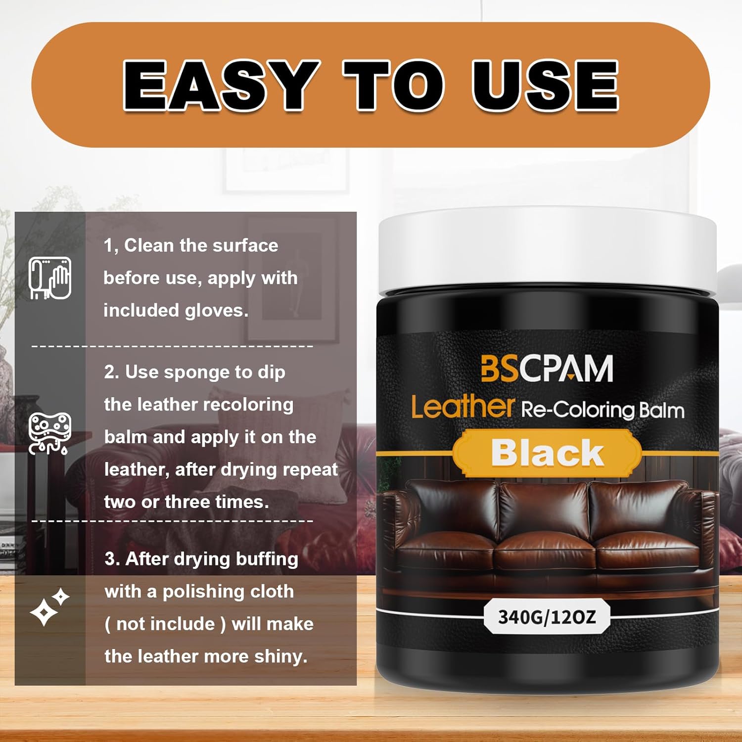 Black Leather Recoloring Balm, 12oz Leather Color Restorer for Couches, Leather Repair Kit for Furniture, Leather Dye for Leather Fade, Leather Repair Restore car seat - Image 5