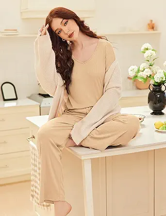 Ekouaer Womens Ribbed Knit Pajamas Set V Neck Long Sleeve Pj Set 2 Piece Loungewear Casual Sleepwear Champagne