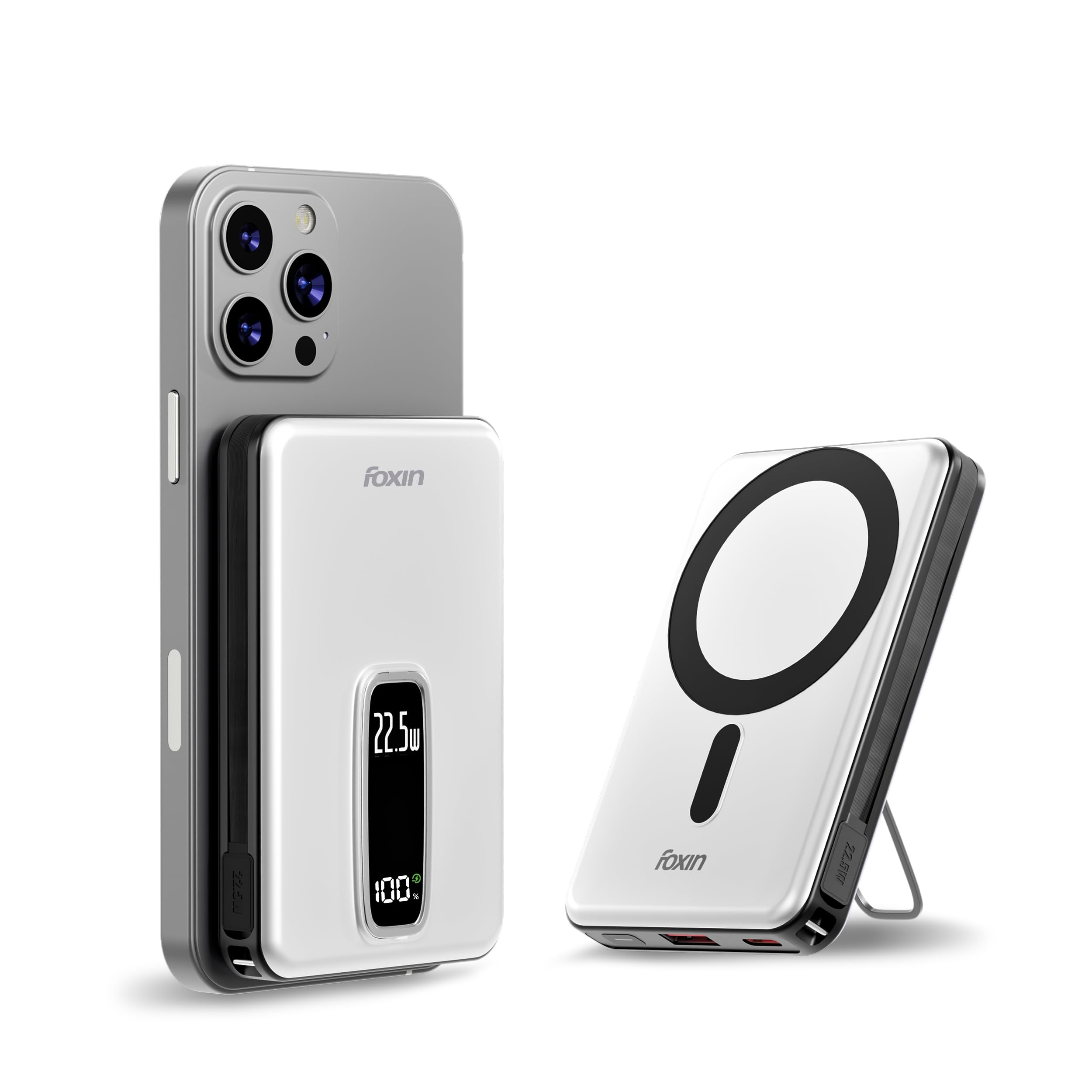 Foxin Mag One Wireless 10000mAh Fast Charging Power Bank with Metal Stand | USB Type C Input & Output, 22.5W Portable Charger for iPhone 12 & Above, Android & Qi Enabled Devices | Pearl White-image-12