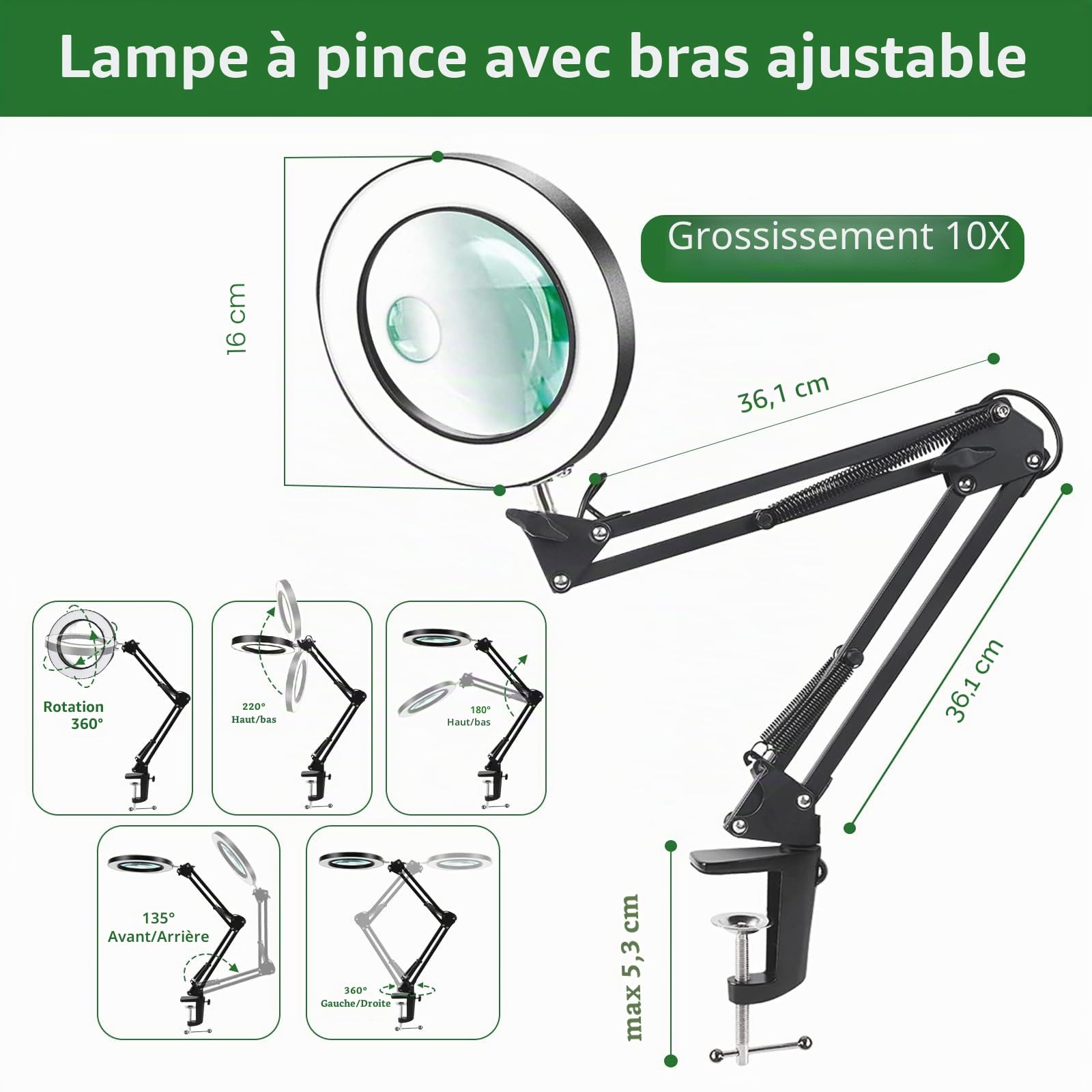 ZABOUL Lampe de Bureau Loupe 10X 15X et LED, Lampe Loupe Sur Pied avec 3 Modes de Couleurs et 10 Niveaux de Gradation, Lampe Eclairante avec Bras Pivotant Réglable Pour Lire et Travailler