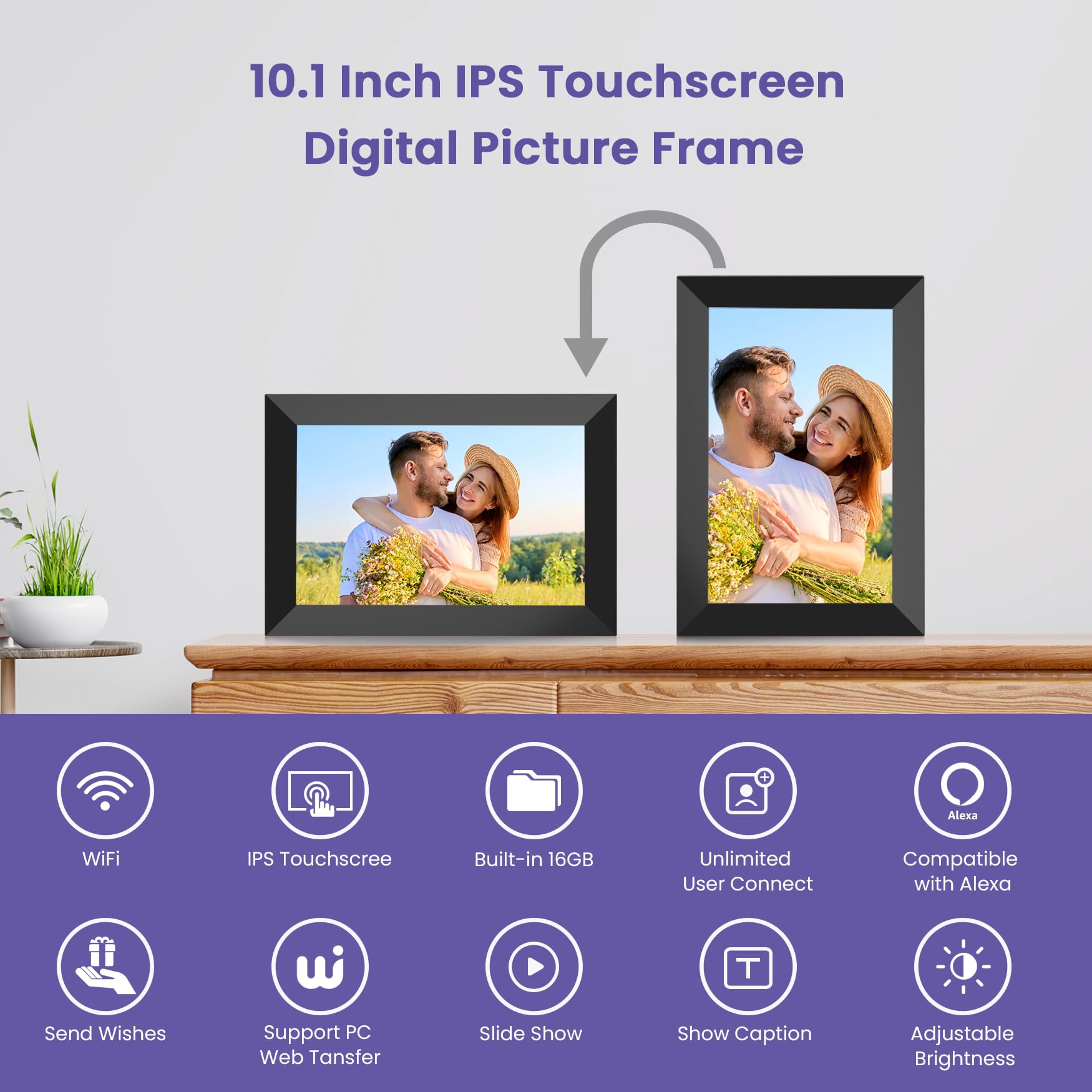 FANGOR 10.1 Inch WiFi Digital Picture Frame 1280x800 HD IPS Touch Screen, Electronic Smart Photo Frame with 16GB Storage, Auto-Rotate, Instantly Share Photos/Videos and Send Best Wishes from Anywhere