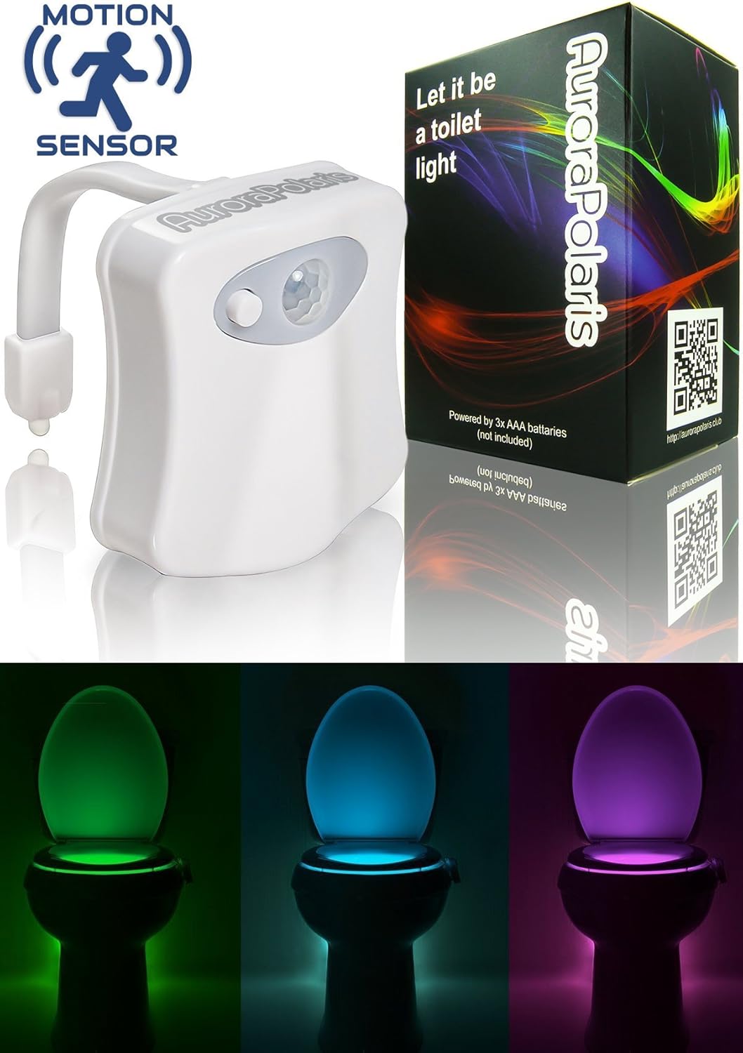 AuroraPolaris® Toilet Bowl Night Light Rainbow LED Colors with Motion/Light Sensors