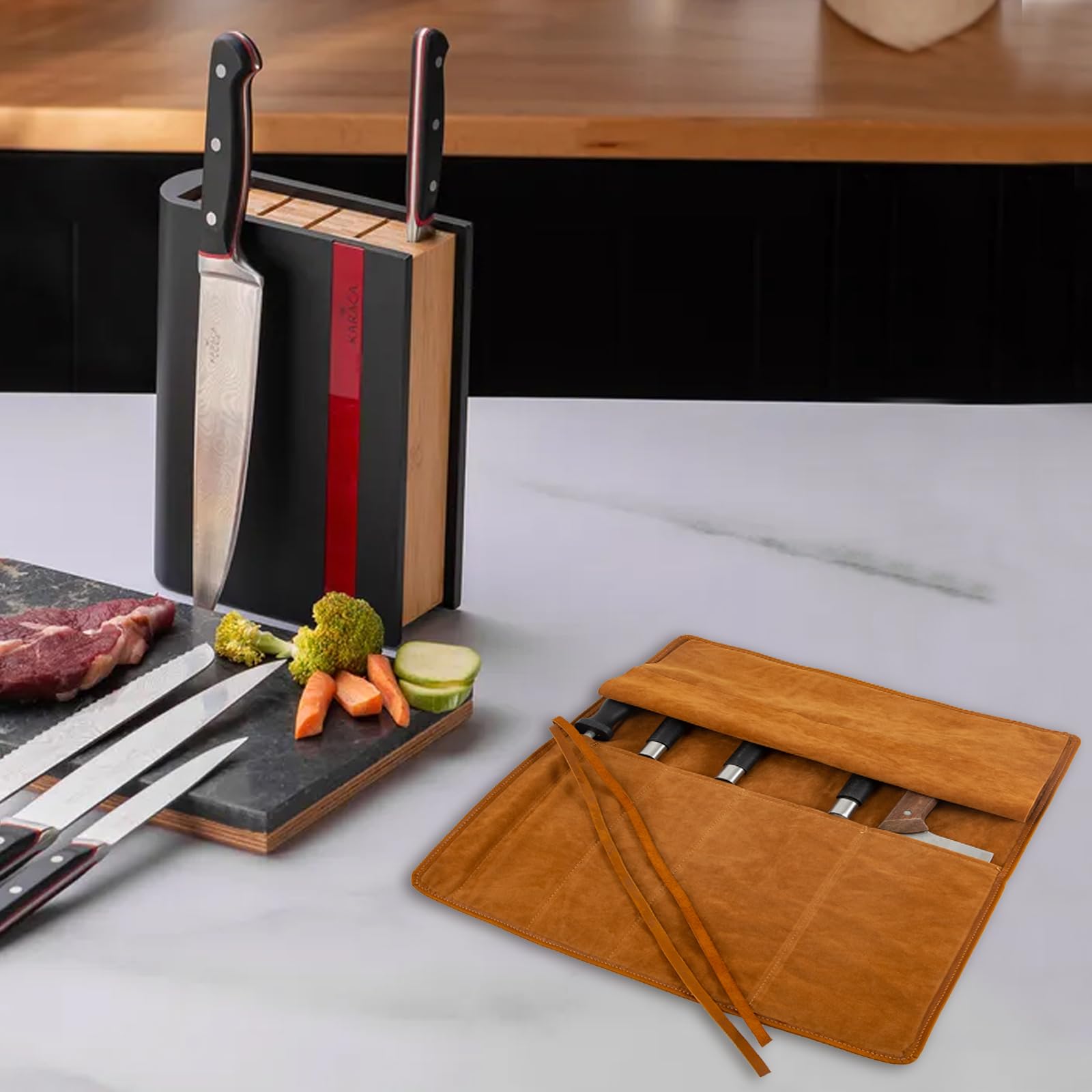 Echtleder Messertasche,Koch Messer Roll Bag,Premium Kochmesserrolle Groß,Messertasche Kochmesser Geschenke für Pro-Köche oder kulinarische Enthusiasten (Braun)