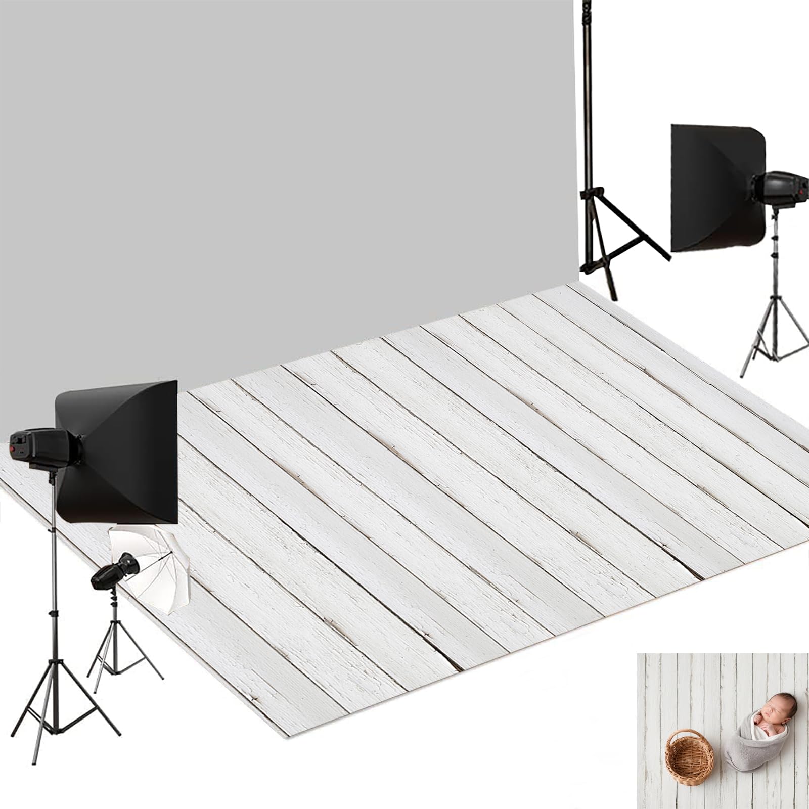Kate Wood Rubber Photography Floor Mat, Non-Slip Mat Photo Studio Floor Backdrop, Foldable Weathered White Wood Floor Mat Newborn Photography Drops Photo Studio Props 5x4ft