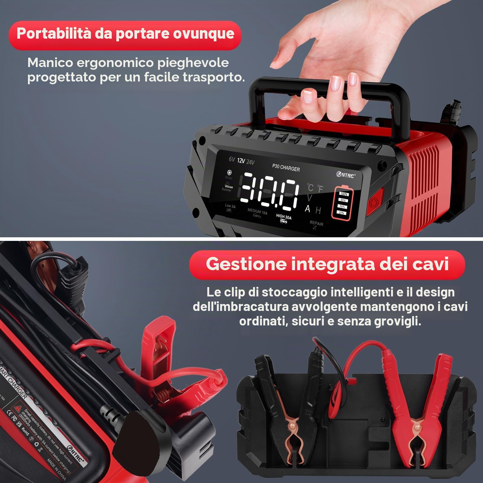 HTRC 6V/12V/24V 30A Carica Batterie per Auto – per LiFePO4 e Piombo Acido | Caricabatteria Intelligente per Auto, Moto e Camper. Mantenitore, Compensazione Temperatura, LiFePO4, AGM, EFB e Piombo Acido