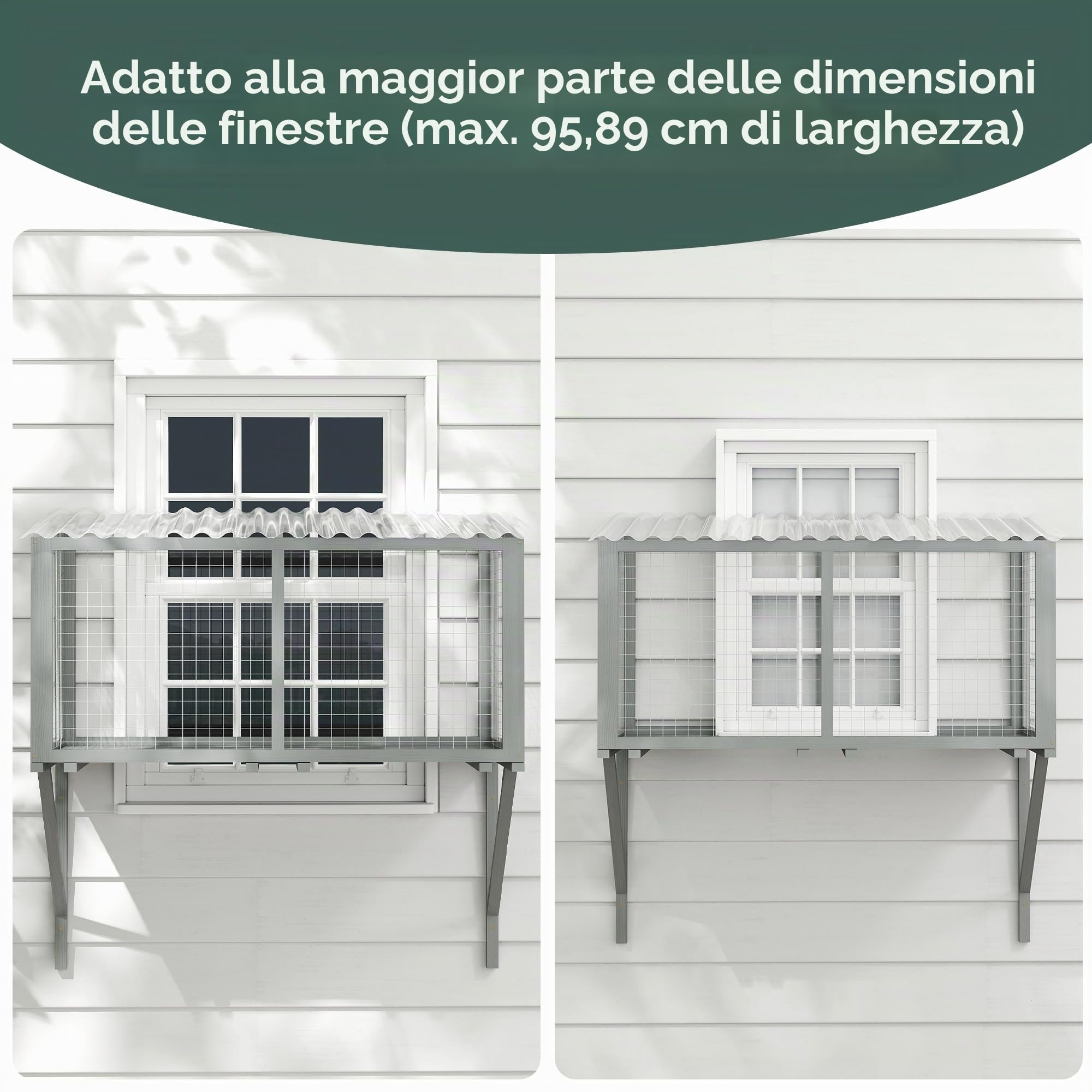Catio - Finestra per gatti da esterni, in legno, resistente alle intemperie, con rete metallica zincata e tetto in PVC, grande piattaforma di osservazione per gatti, stabile a parete (grigio scuro)