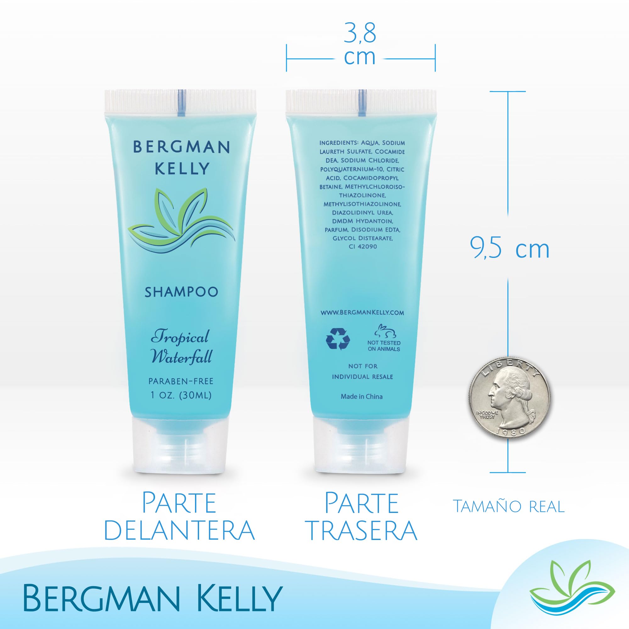Lote de artículos de tocador del hotel Bergman Kelly - Cascada tropical, 30 ml cada uno, 200 unidades - Conjunto de 4 piezas: 50 pastillas de jabón, champú, acondicionador y loción corporal