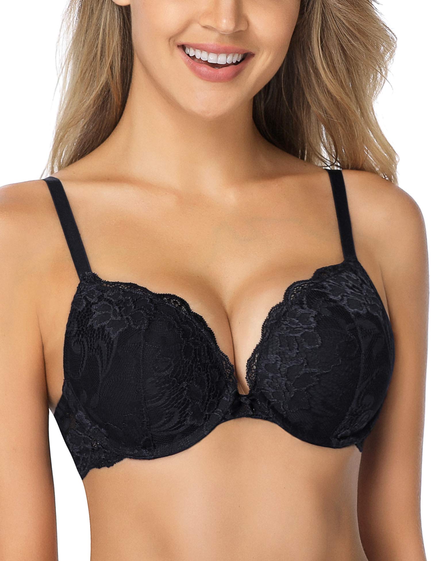 Women's Push Up Bra Lace Comfort Padded Add 1 Cup Plunge Underwire Bras Lift Up