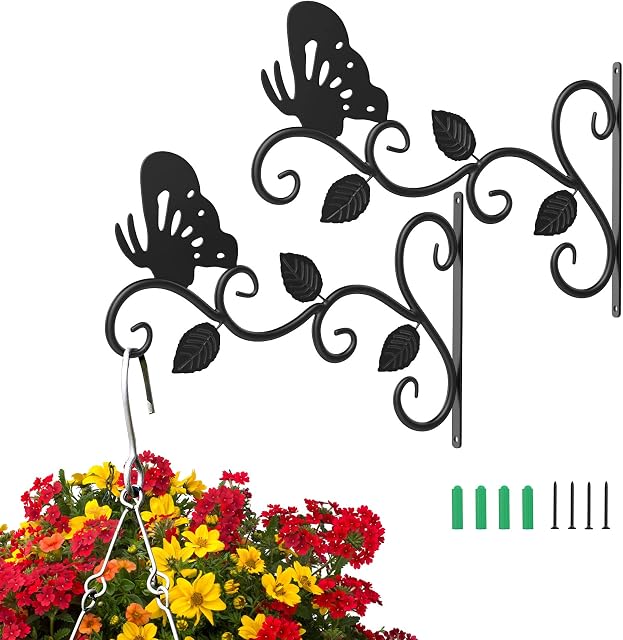 Roylvan 2PACK Hanging Basket Brackets, 12 Inch Heavy Duty Iron Wall Mount Plants Hooks, Anti-Rust Indoor Outdoor Plant Hangers with Screws for Planter Flower Baskets Pots Lanterns(Butterfly)