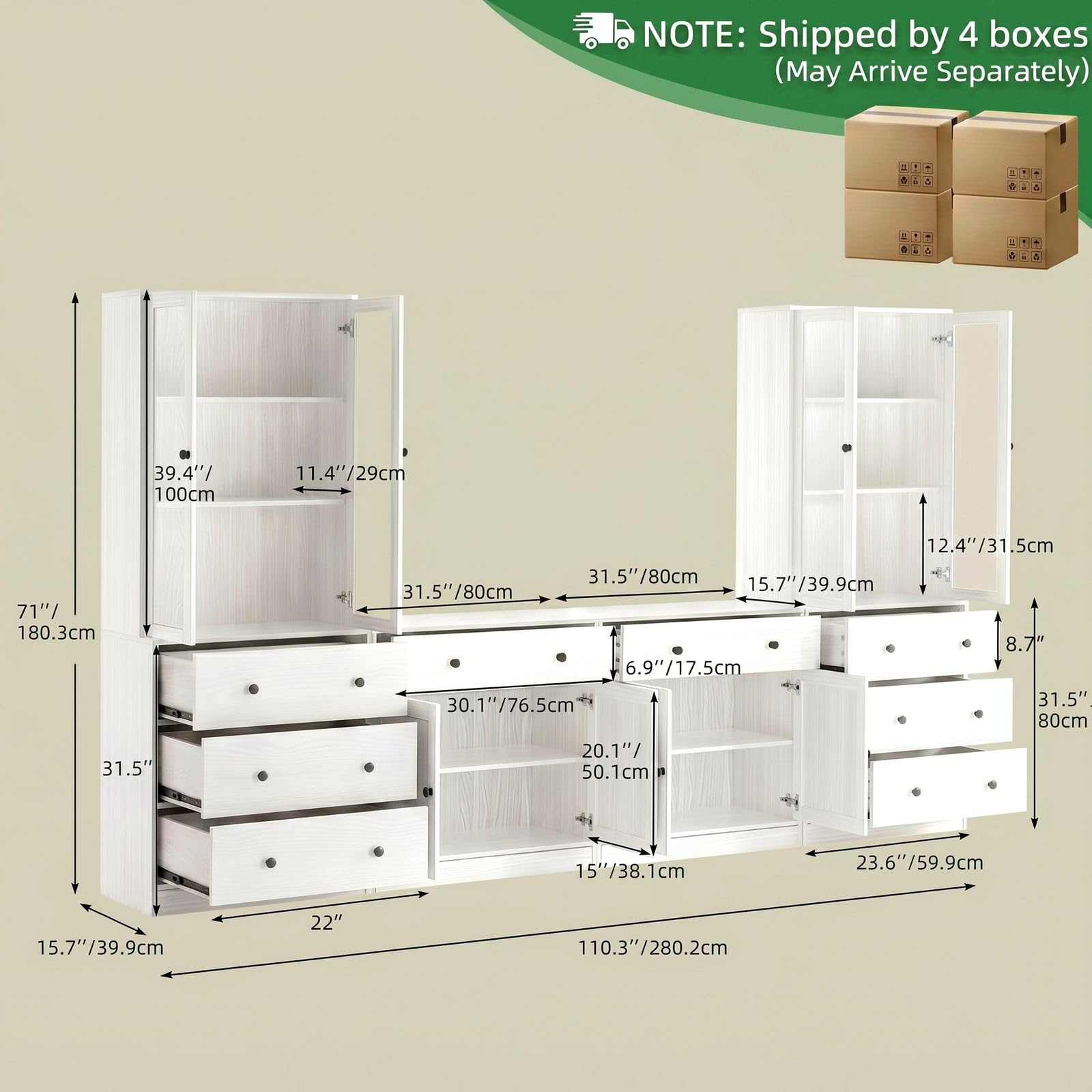 VOWNER 4PSC Großer TV-Schrank mit Bücherregalen für Fernseher bis zu 70 Zoll, 280 cm Long tv Ständer mit gehärteten Glastüren und Einlegeböden, fernsehschrank für Wohnzimmer, 2B+2C (Weiß)