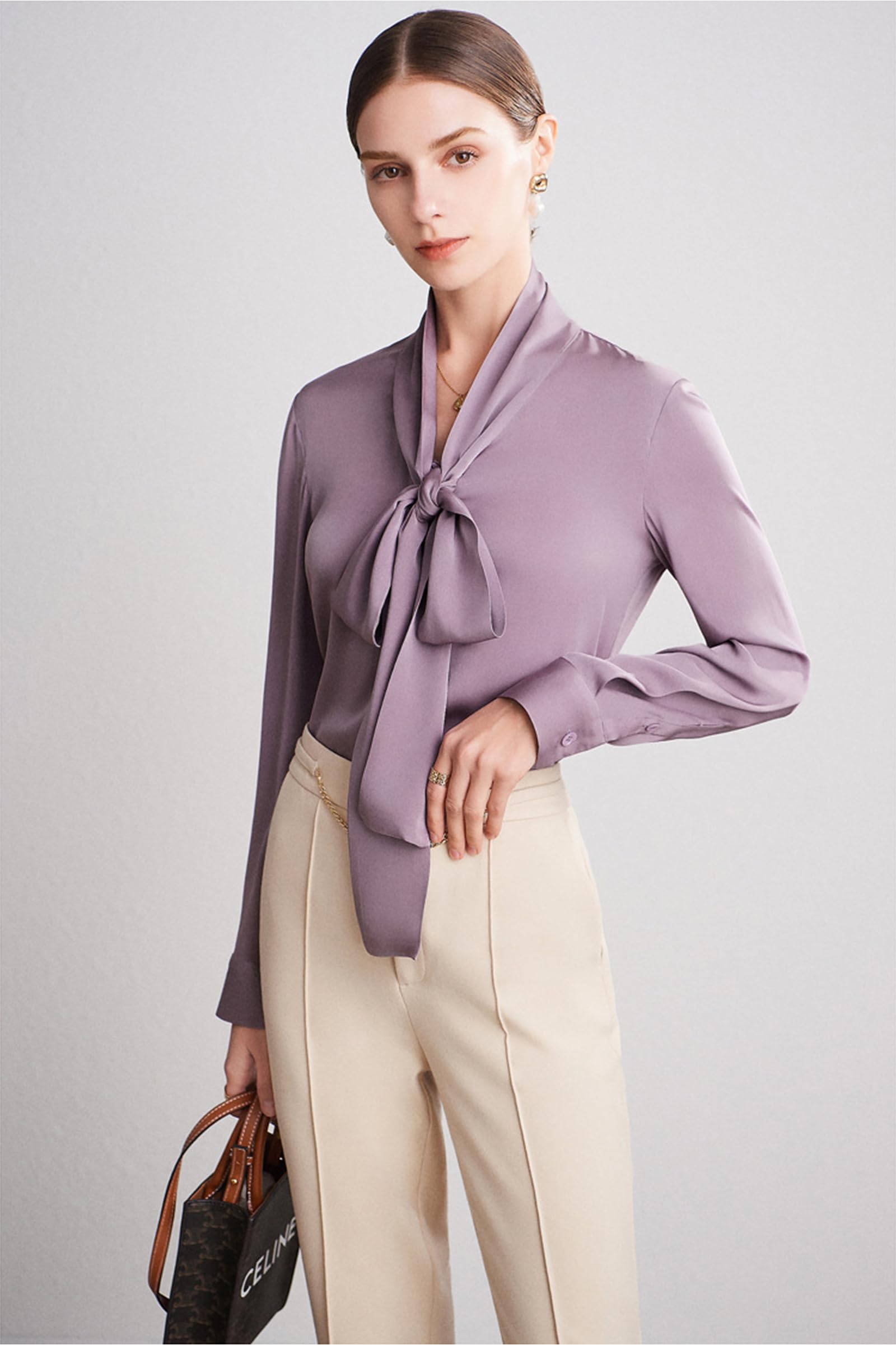 Blusa de Seda para Mujer Camisa Formal de Manga Larga con Cuello de Pajarita Abotonada Blusas de Lujo de Oficina Frescas y Suaves de Seda Pura