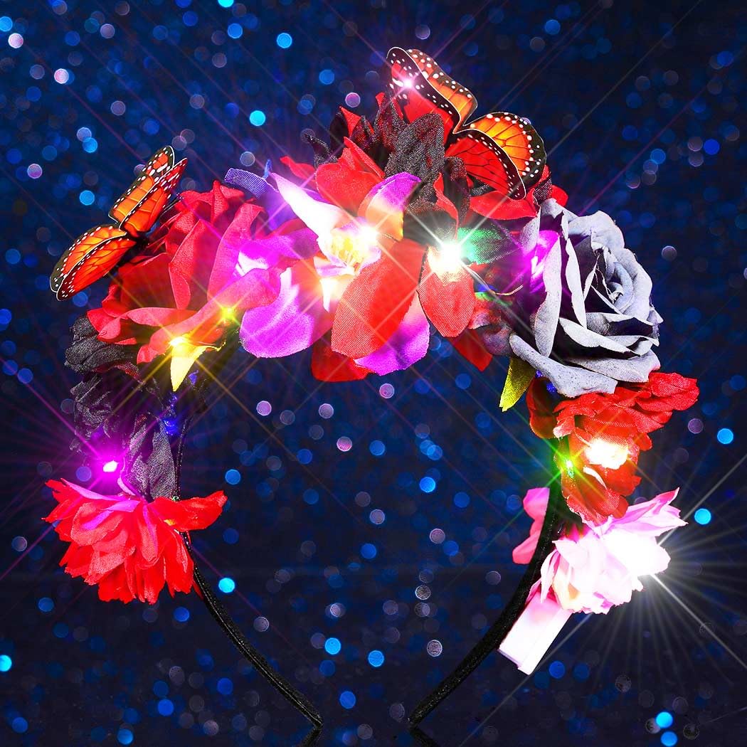 Handcess Light up Mexican Flower Crown Headband LED Butterfly Hair Band Glowing Costume Hair Hoop Party Floral Hair Accessories for Women