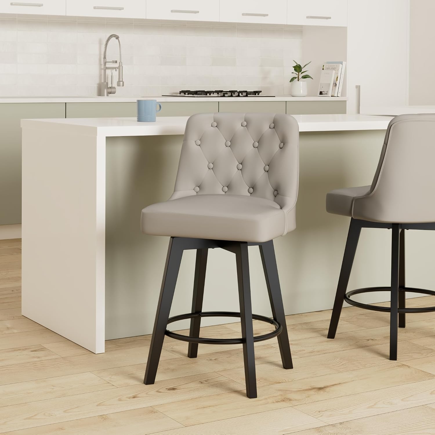 MINCETA Counter Stool,26" 360 Free Swivel Upholstered Bar Stool with Back-PU in Light Gray