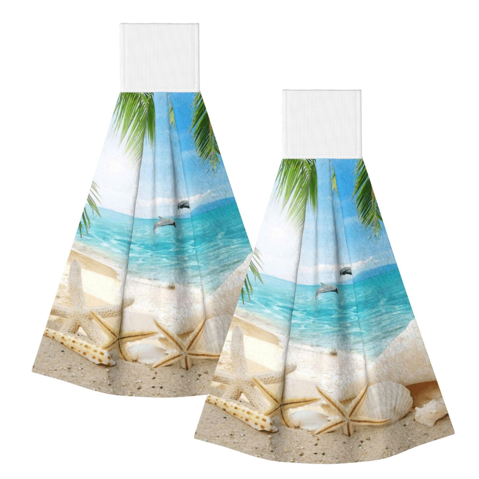 DOPKLNA Starfish Beach Sea Palms Printed, 2 Pcs Hanging Coral Fiber Hand Towels for Bathroom, Absorbent Kitchen Towels