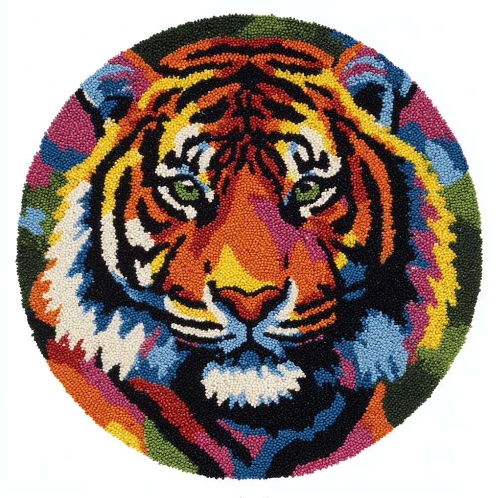 kitphoenix Round DIY Latch Hook Rug Kits Tiger 20X20Inch (50X50Cm) Easy for Beginners Round Carpet Crochet Yarn Craft Large Rug Hook and Latch Tapestry for Home Decor