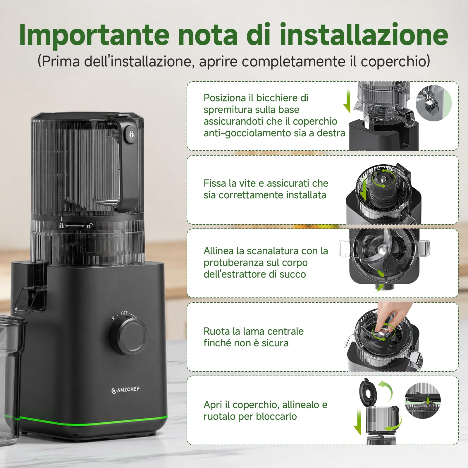 AMZCHEF Estrattore Frutta e Verdura, Frutta e Verdura Intere con Bocca XXL 160 mm, Facile da Pulire, Alta Resa del Succo, Caraffa da 2 L, Estrattore a Freddo per Famiglia, Colazione e Succhi Freschi