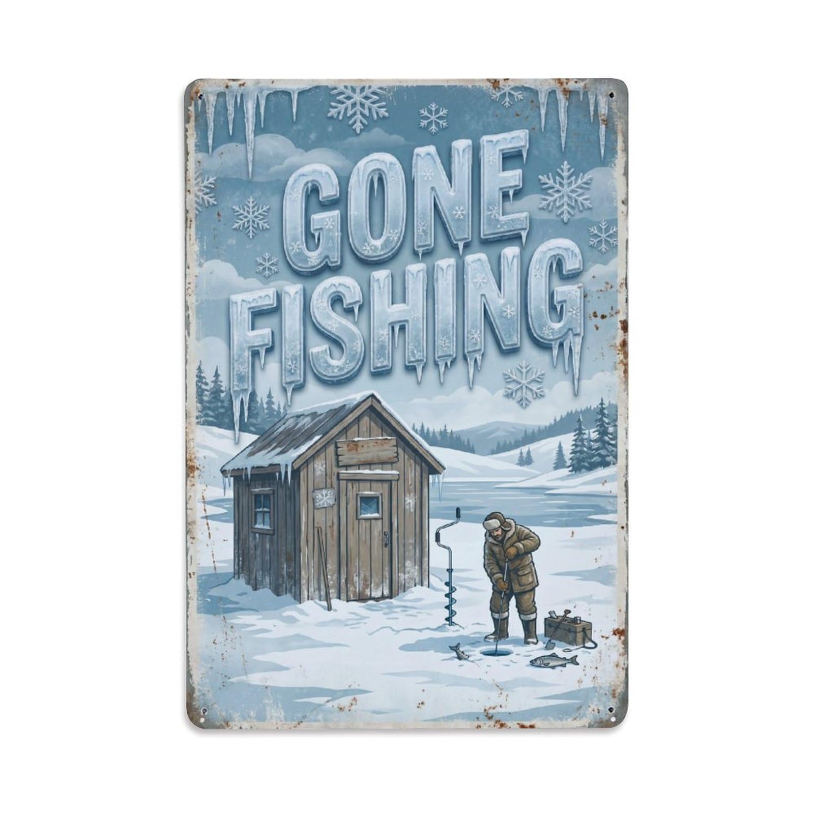 Gone Fishing Ice Season Vintage Metal Tin Sign Plaque Wall Decor for Cafe, Club, Garden Metal Poster 8x12Inch
