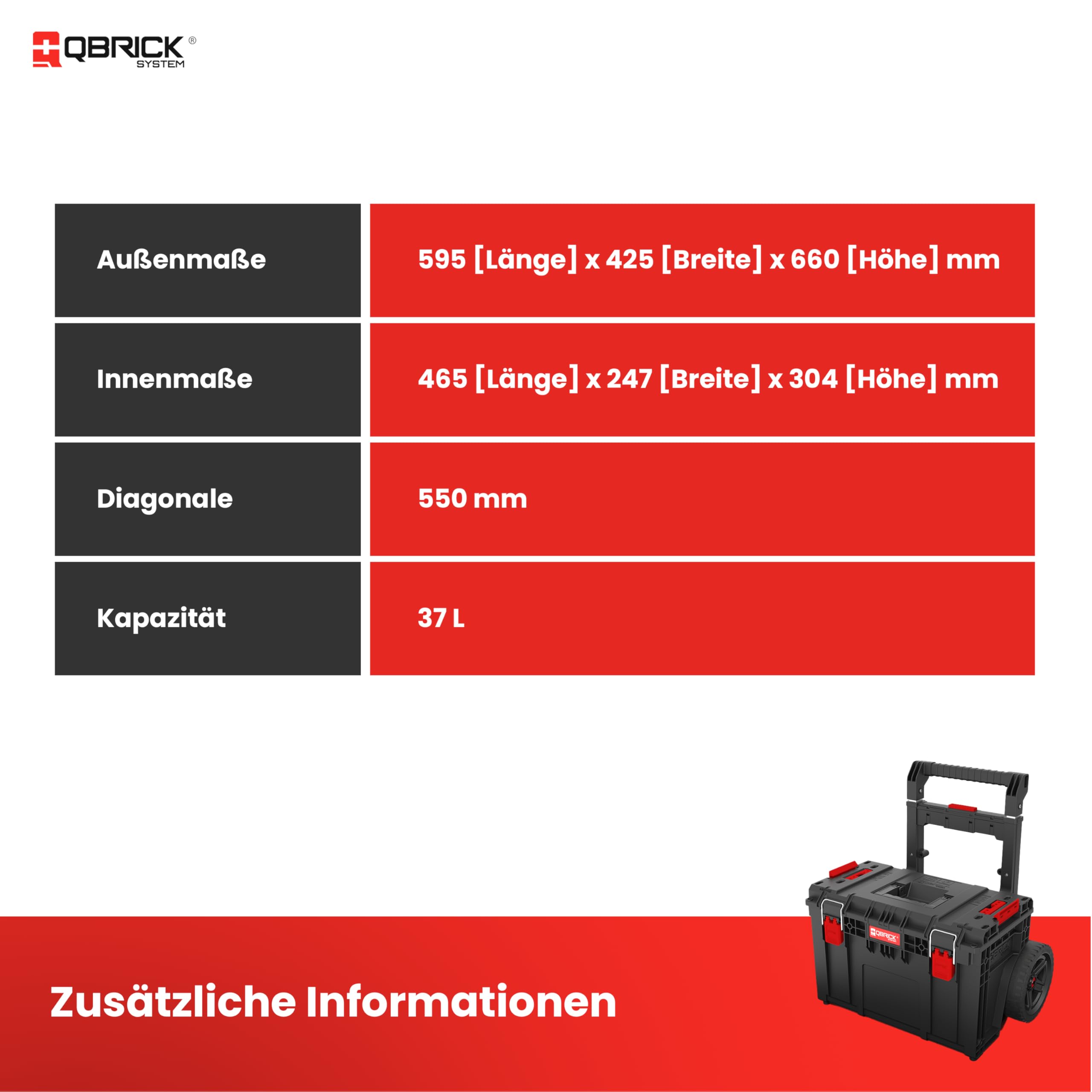 Qbrick System Werkzeugwagen Prime Cart Black Werkzeugtrolley Werkzeugkoffer Werkzeugkasten IP66 100 kg Tragkraft 120 kg Belastbar Modular