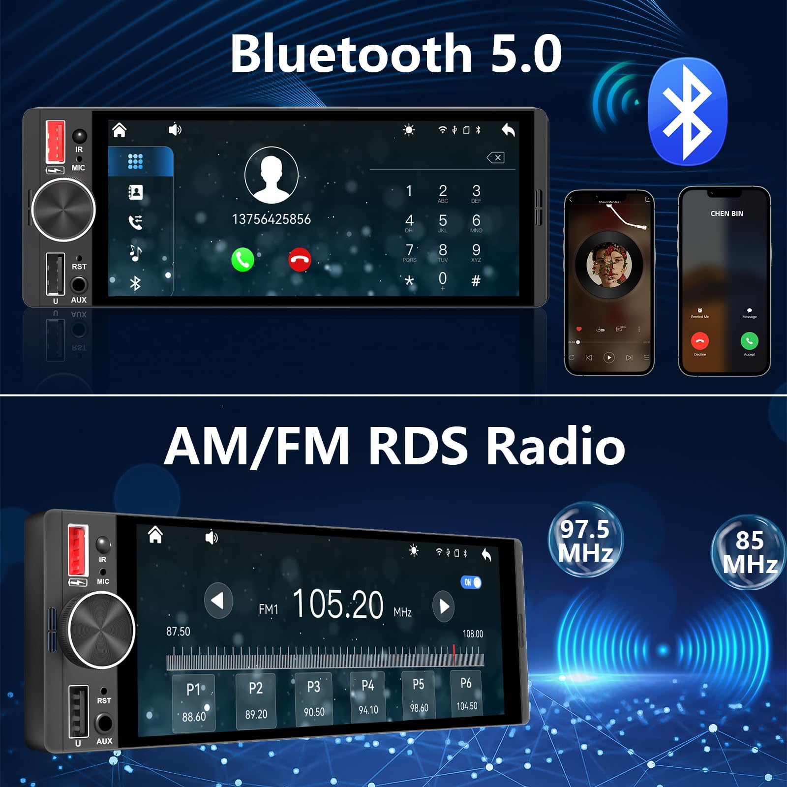 6,36 Zoll 1 Din Autoradio mit Drahtlosem CarPlay & Android Auto, Bluetooth, Full-Touch-Display FM, DAB+, Rückfahrkamera und Mikrofonunterstützung