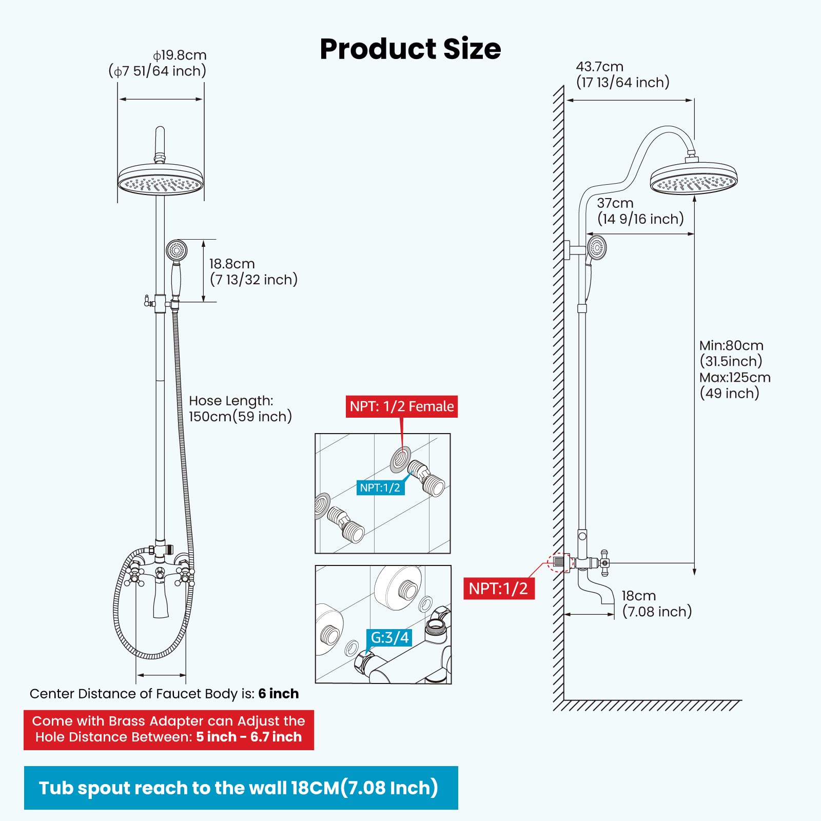 AlenArtWater Wall Mount Antique Brass 8'' Round Shower Head Triple Function Exposed Pipe Shower System Mixer Shower Faucet Sets With 2 Lever Knobs Handheld Sprayer With Tub Spout Aeja1199 - View #5
