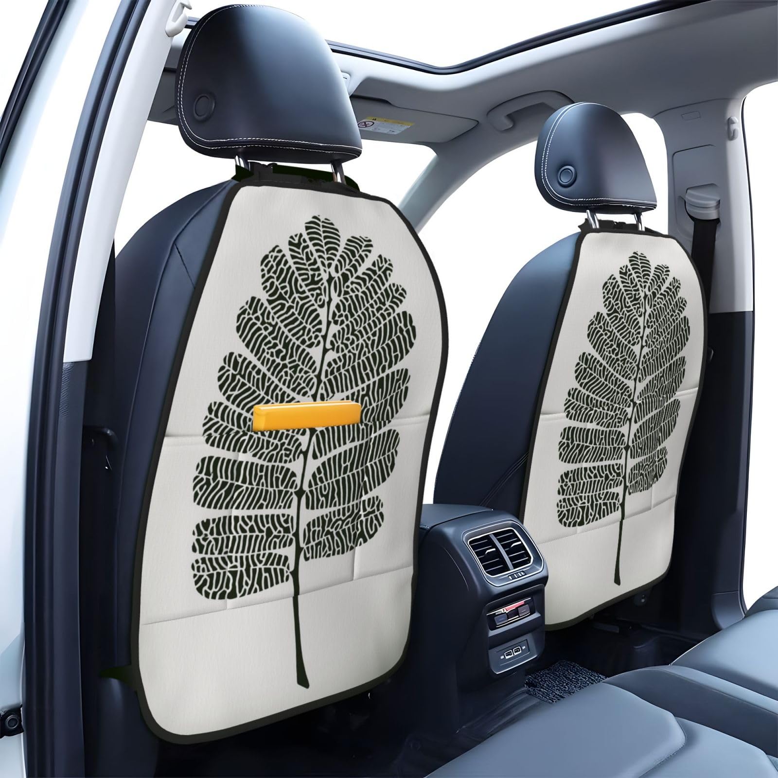 Honey Locust Leaf Black And White Car Seat Back Kick Protectors,2 Pack Kick Mats With Storage Pockets For Vehicles To Protect From Dirt Mud Scratches