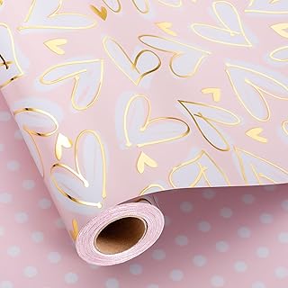 MAYPLUSS Wedding Wrapping Paper Roll, 17IN x 16.5FEET Gold Foil Heart Bridal Shower Gift Wrap for Mothers Day, Engagement, Baby Shower, Valentines Day